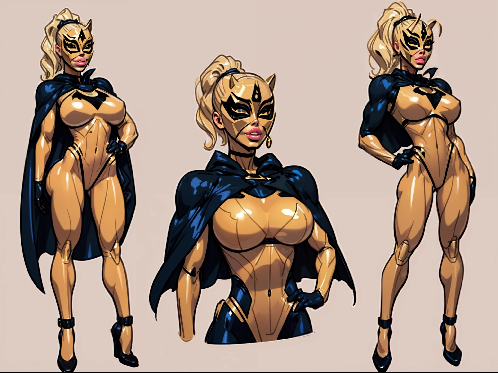 ((masterpiece)),(((best quality))),((character design sheet)), ((full body view)) illustration,1girl, muscular, ((blue and gold bodysuit:1.6)), (masked over eyes:1.6) (broke and black color palette:1.3) superhero, (black ponytail:1.4), (puffy lips:1.6) (black cape:1.4) beautiful woman, (small breasts:1.3)(black legs:1.3)shiny skin, (gold emblem on chest:1.2),scribbles and marks, rough sketches, pose, 8k,16k, (simple background, white background: 1.3)(gigantic breasts:1.0)