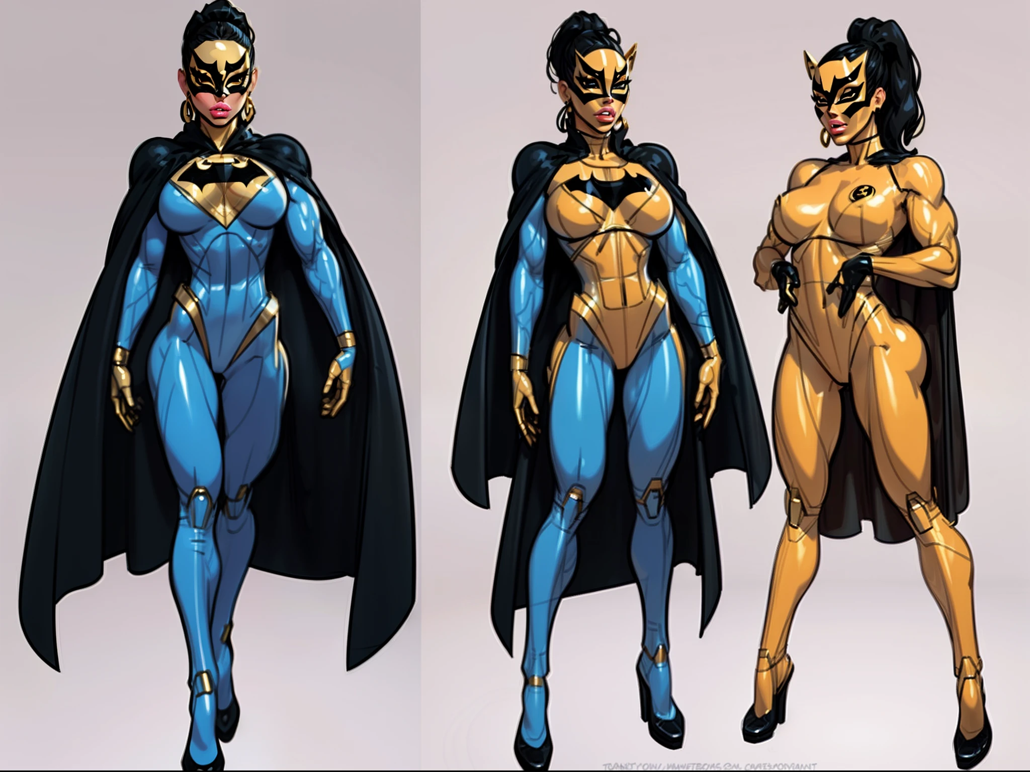 ((masterpiece)),(((best quality))),((character design sheet)), ((full body view)) illustration,1girl, muscular, ((blue and gold bodysuit:1.6)), (masked over eyes:1.6) (broke and black color palette:1.3) superhero, (black ponytail:1.4), (puffy lips:1.6) (black cape:1.4) beautiful woman, (small breasts:1.3)(black legs:1.3)shiny skin, (gold emblem on chest:1.2),scribbles and marks, rough sketches, pose, 8k,16k, (simple background, white background: 1.3)(gigantic breasts:1.0)