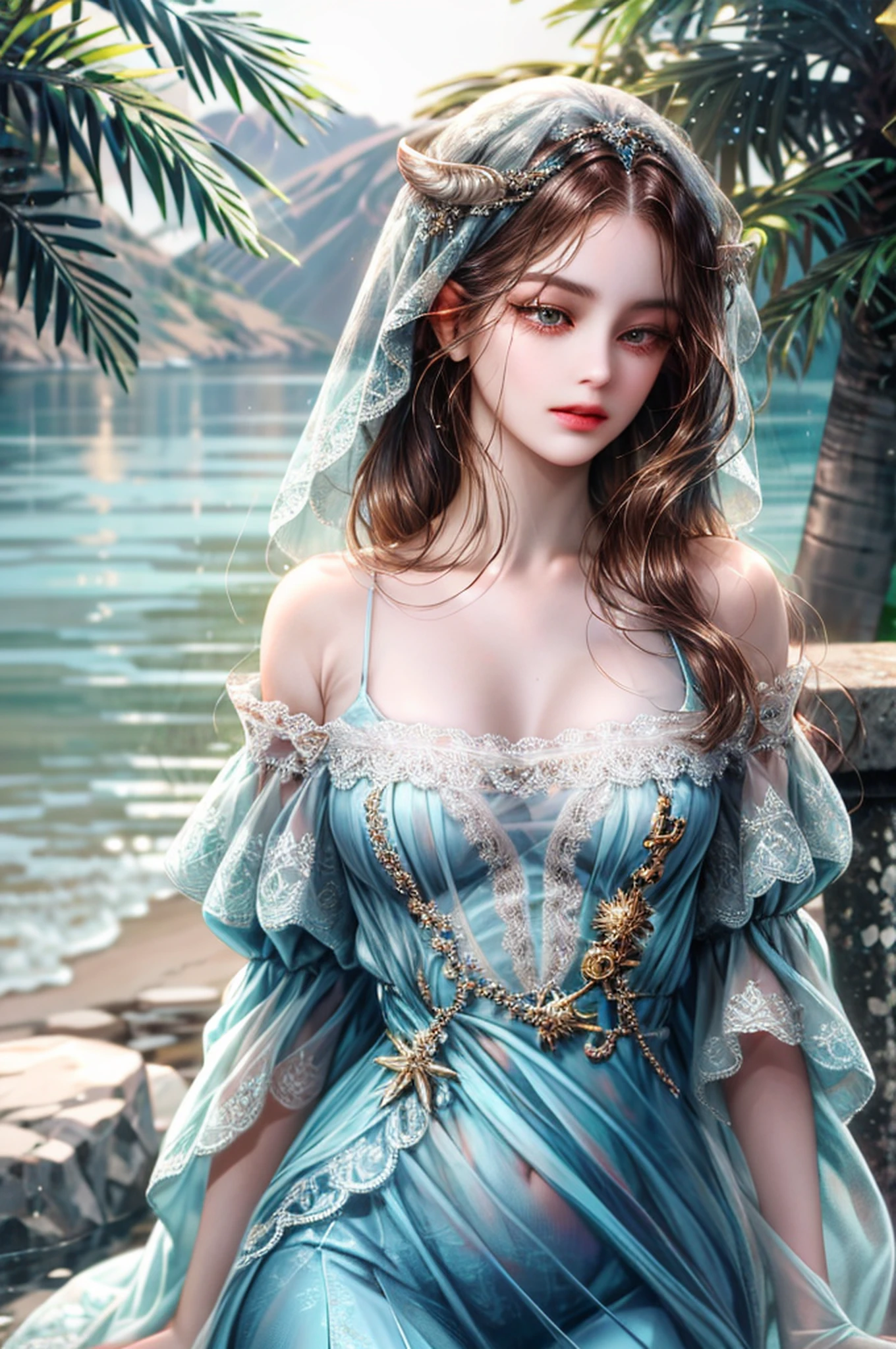 ( alta qualidade , ultra detailed by hand ) ( careful hand ) (ultra detalhado) Zodiac sign - goddess Taurus , similar to Latin goodness , practical, engenhoso, confiante, Energetic, cara arrumada . Stubborn, Unforgiving, estilo excessivo . Cabelos castanhos escuros . cabelos longos . olhos verdes ( olhos detalhados ) . vestido transparente , In the Ocean with the Island of Trees , corpo inteiro . Look de maquiagem pura .