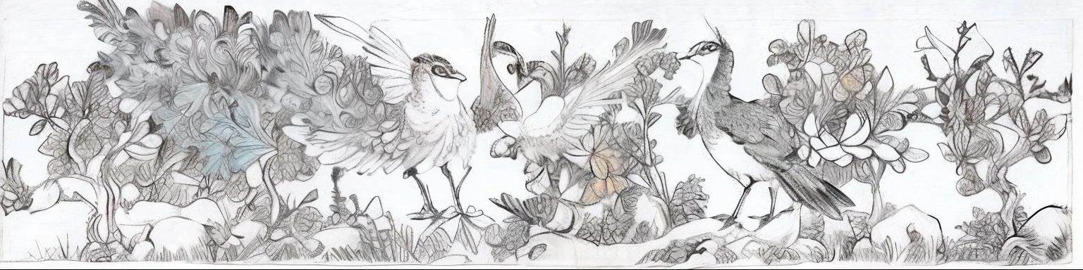 Drawings of two birds with flowers in the garden, japanese ink drawing from 1850, chinoiserie pattern, Drawing on parchment, Painting of the 18th century, artwork of a phoenix, peacock. Intricate, Inspired by Kyosai Nagashisen, 1 7 0 0 seconds, 1700s, A phoenix, Detailed brushwork