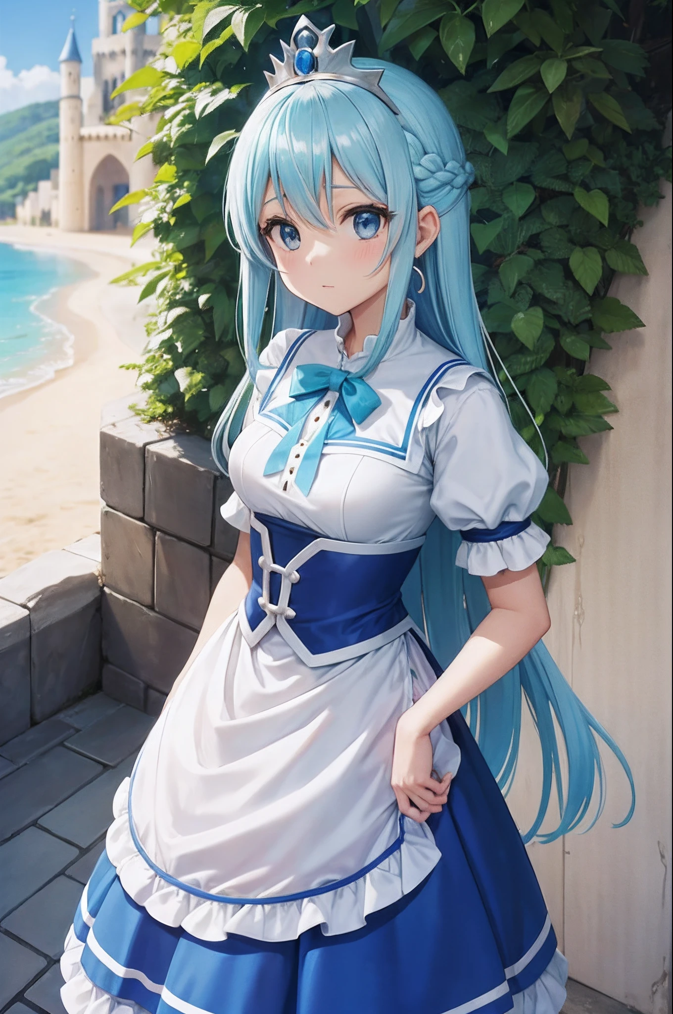 obra-prima, melhor qualidade, princesa_aqua_konosuba, vestido azul, olhos azuis, cabelo azul, standingn, (castelo: 1.1), segurando saia, nuvens, brazi