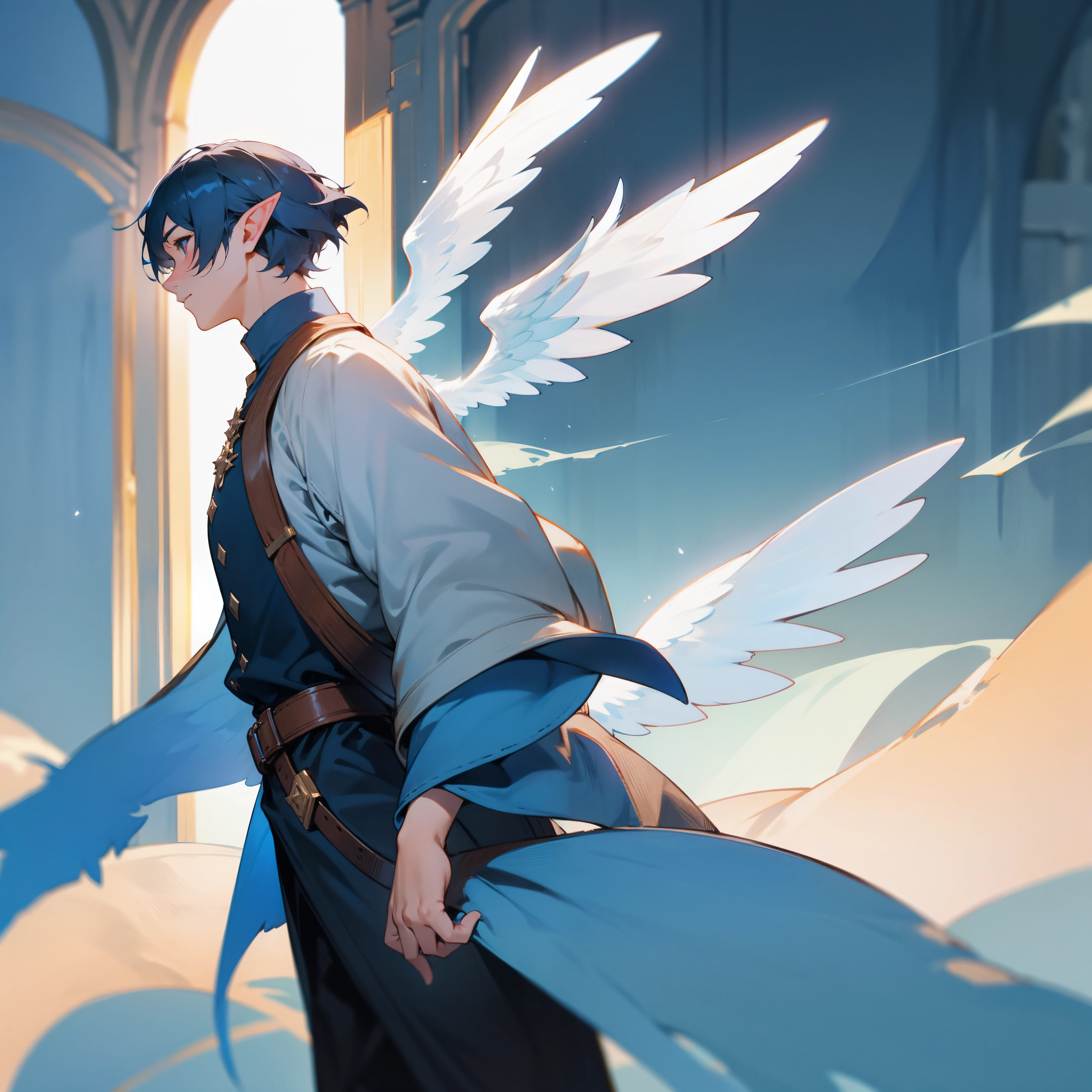 dark blue short hair,middle aged man,elvish ears,Engineer clothing,Angel wings