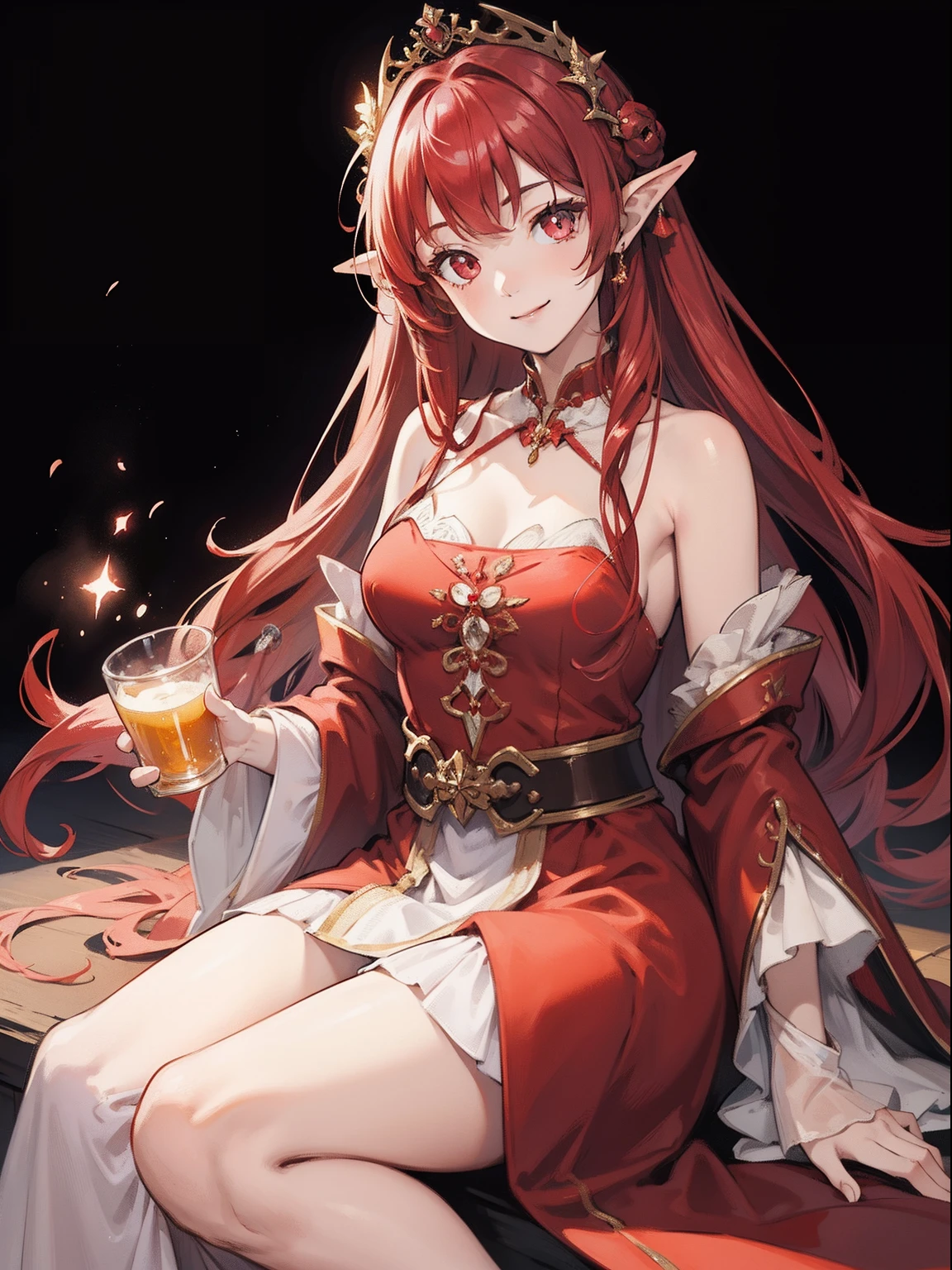  long red flowing hair beautiful goddess with purple eyes and poison power