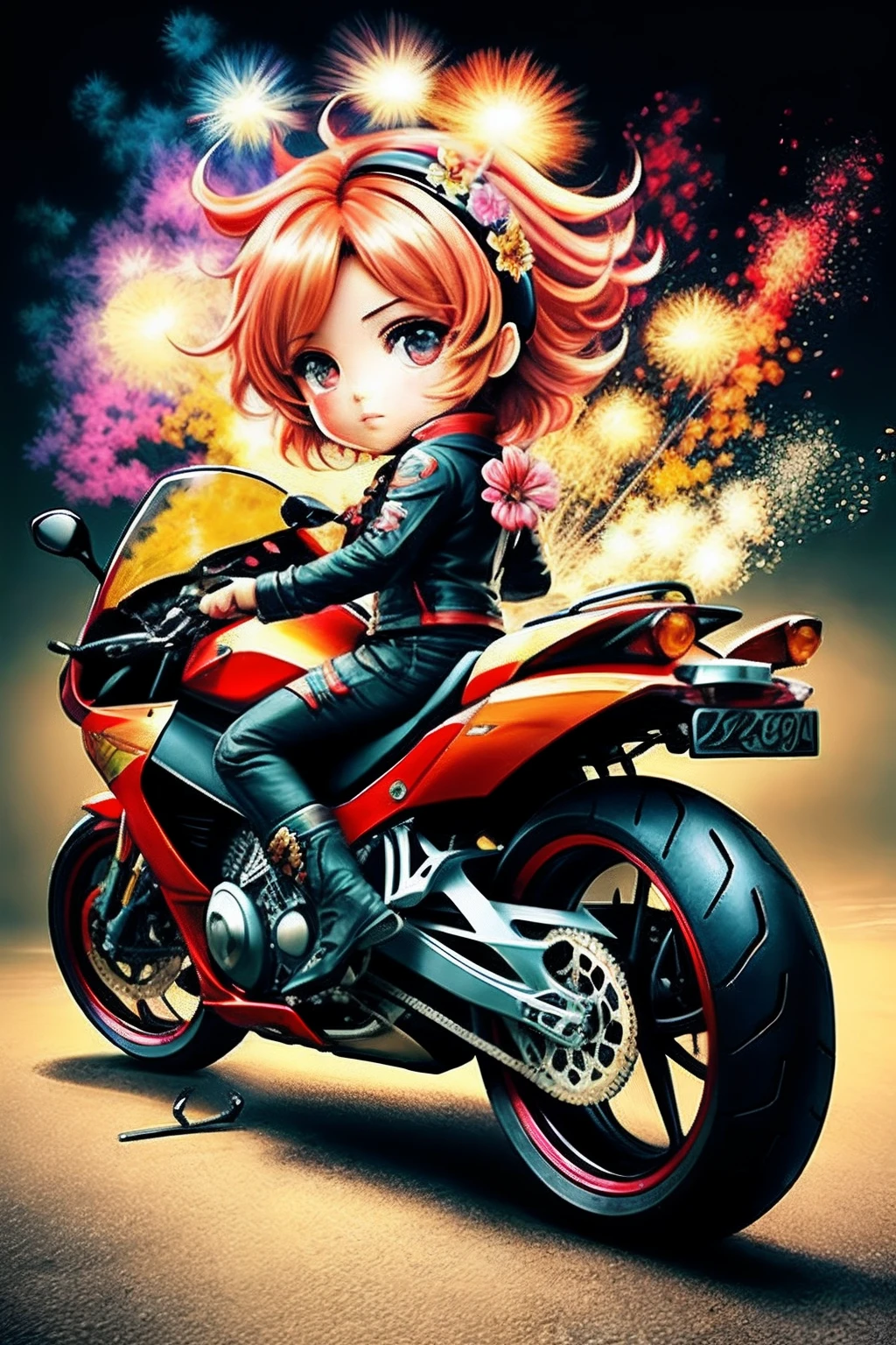 motorcycle,flower,character,Chibi,real,art, explosion,
yang08k, photography, beautiful, colorful,realistic,
masterpieces, top quality, best quality, official art, beautiful and aesthetic,