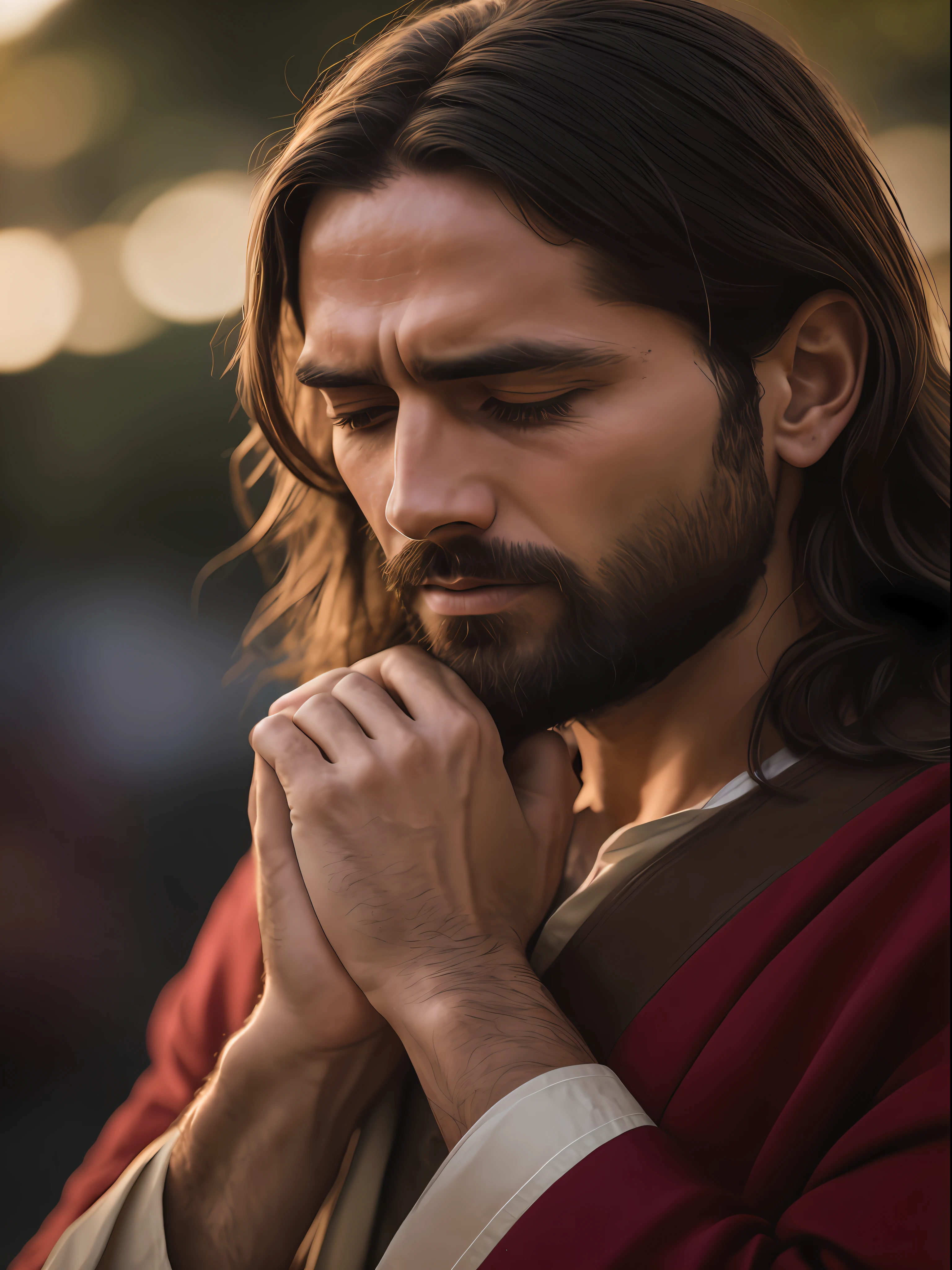 homem arafed com cabelos longos e barba orando, Retrato de Jesus Cristo, Jesus Cristo, Jesus, Vestido como Jesus Cristo, jesus of nazareth, rosto de Jesus, renderizado em 4K, beautiful man, jesus wasted at a party, with his hands in his hair, Shutterstock, holy man looking down at the ground, foto de retrato detalhada