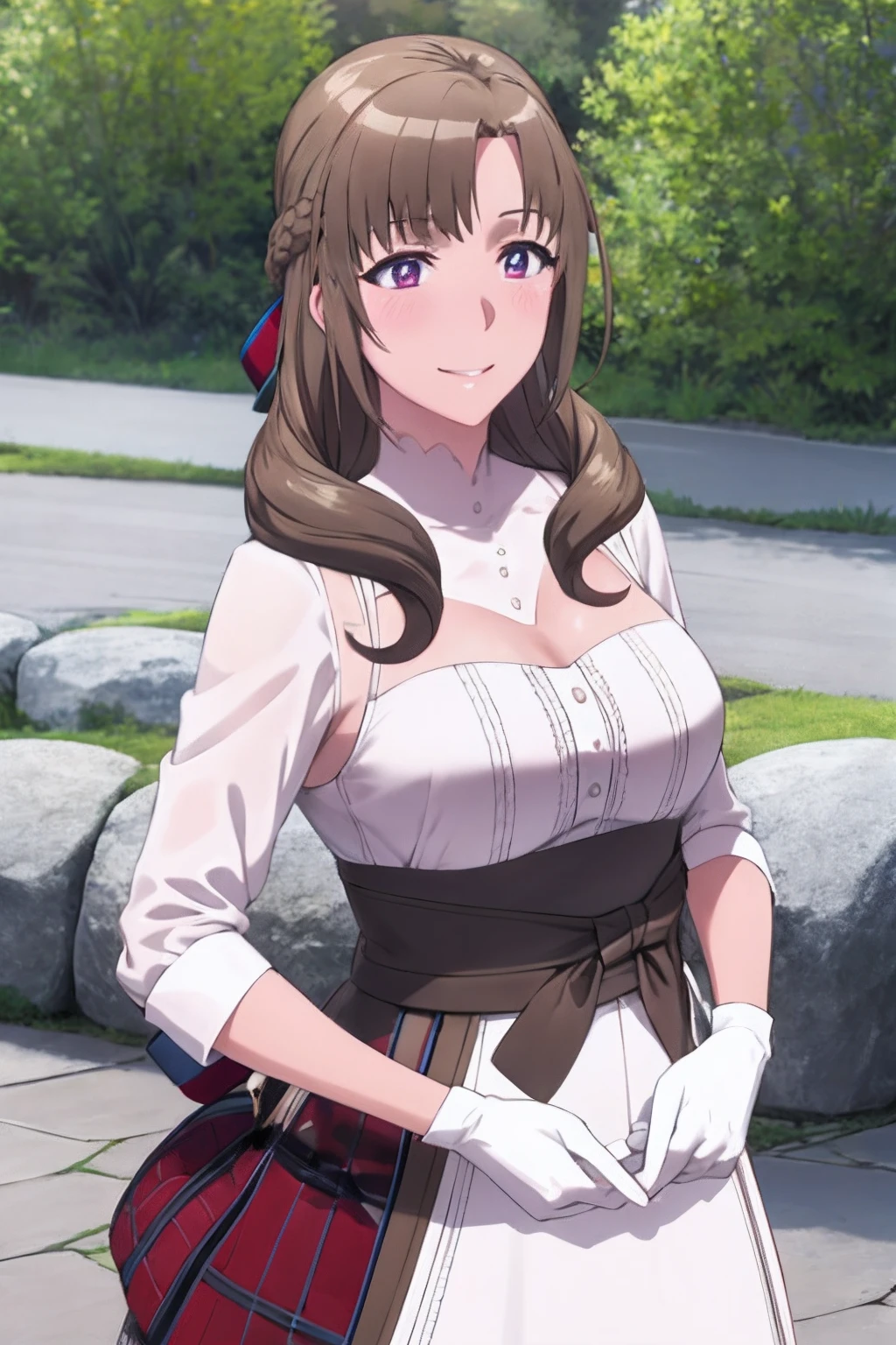 masterpiece, (best quality), 1woman,1girl ,mamako_oosuki,   brown hair,  long hair, french braid, purple eyes,mature female, dress, white dress,(big and large breasts), ribbon,sexy woman,smile,  white gloves,closed clothes, embarrassed,blush,  bare shoulders, vibrant colors ,natural lighting  ,RTX,  , beautiful, (detailed face:1.2), showcase, (perfect eyes:1.1) ,(photorealistic:1.1), 8k uhd,  looking at viewer, outdoors,  simple backround,