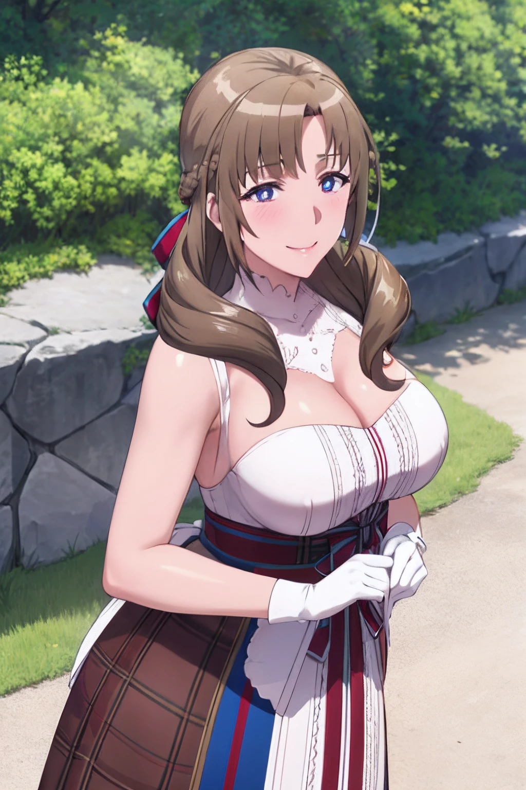 masterpiece, (best quality), 1woman,1girl ,mamako_oosuki, brown hair, long hair, french braid, purple eyes,mature female, dress, white dress, ((huge breasts)), ribbon,sexy woman,smile, white gloves,closed clothes, embarrassed,blush, bare shoulders, vibrant colors ,natural lighting ,RTX, , beautiful, (detailed face:1.2), showcase, (perfect eyes:1.1) ,(photorealistic:1.1), 8k uhd, looking at viewer, outdoors, simple backround,