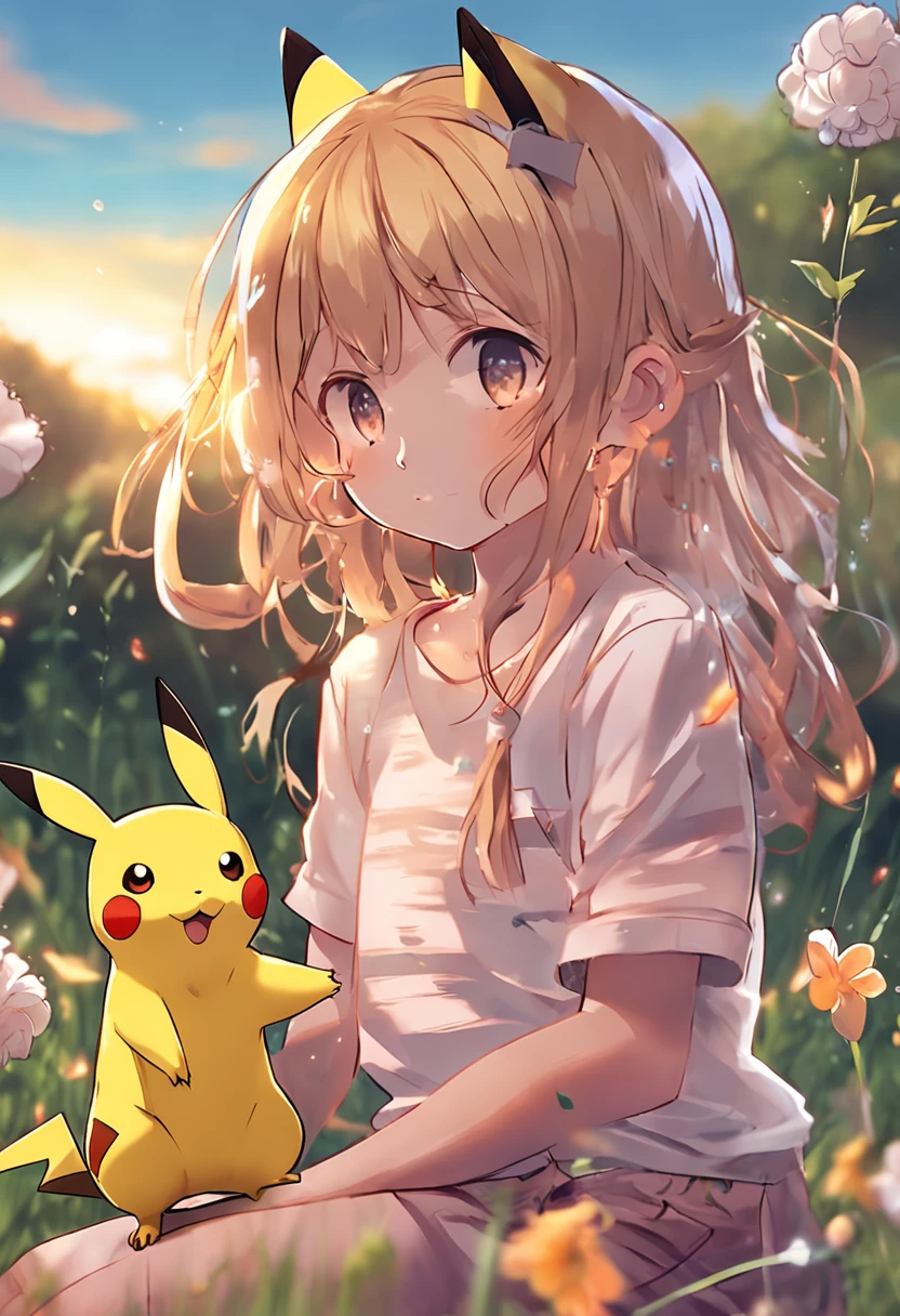 Pikachu cat meadow sunset girl