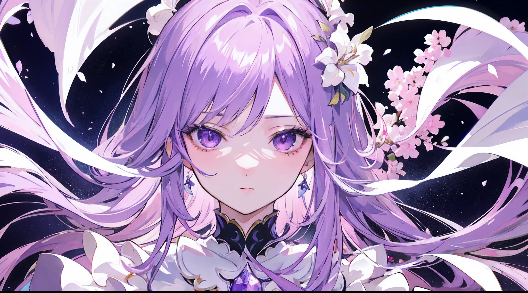 hightquality,tmasterpiece,Delicate facial features,Delicate hair,Delicate eyes,Delicate hair,Anime girl in white dress,purple flower, Light purple hair,Guviz-style artwork, 4K Digital Art, digital anime illustration, ethereal anime, portrait of the magical girl, 8k high quality detailed art(delicate facial portrayal)(Depiction of fine hair)(top-quality)(Master masterpieces)(High degree of perfection)(Sense of atmosphere)8k wallpaper,tmasterpiece,best qualtiy,ultra - detailed