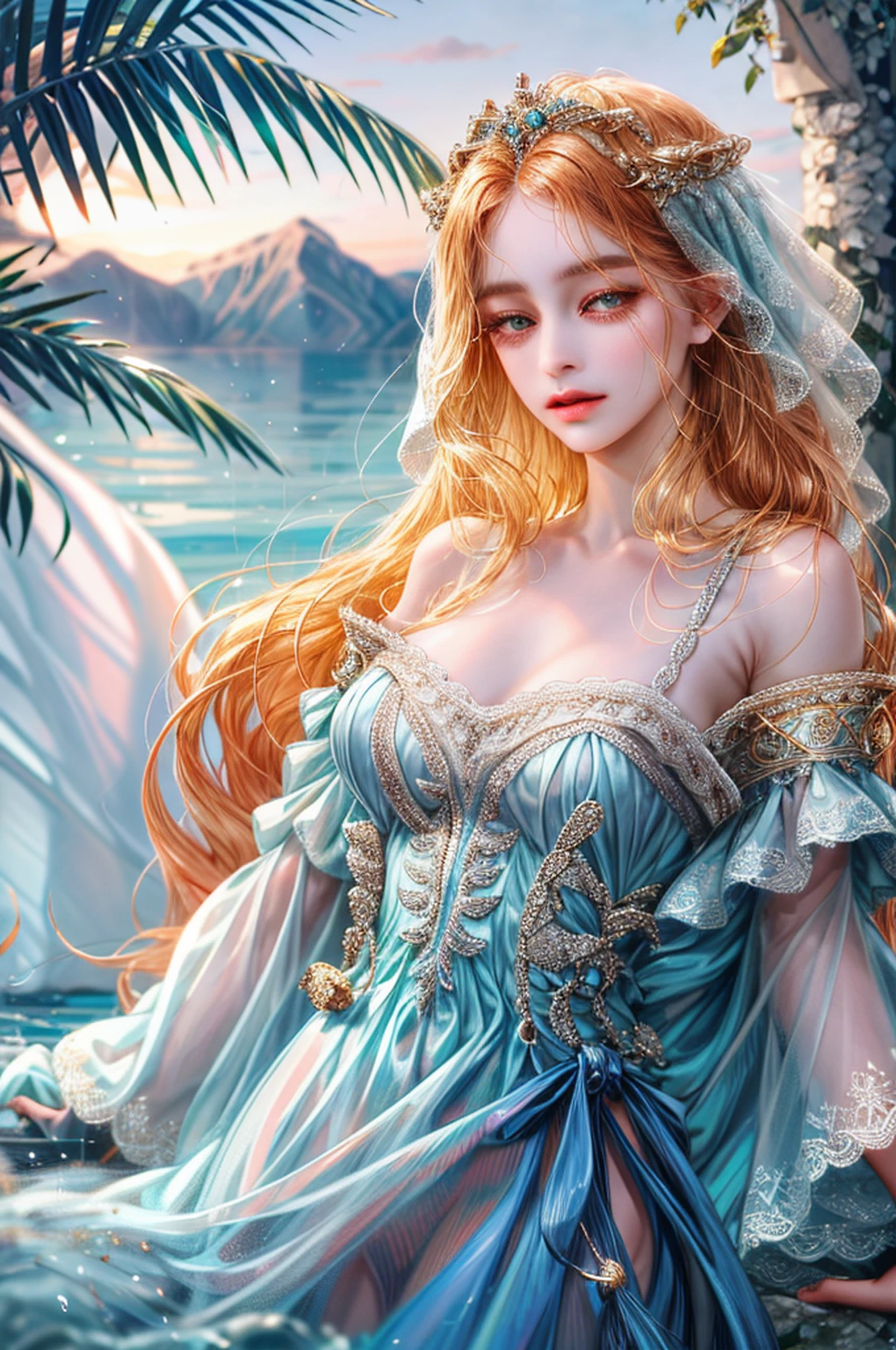 ( alta qualidade , ultra detailed by hand ) ( careful hand ) (ultra detalhado) Zodiac sign - goddess Taurus , similar to Latin goodness , practical, engenhoso, confiante, Energetic, cara arrumada . Stubborn, Unforgiving, estilo excessivo . Cabelos castanhos escuros . cabelos longos . olhos verdes ( olhos detalhados ) . vestido transparente , In the Ocean with the Island of Trees , corpo inteiro . Look de maquiagem pura .