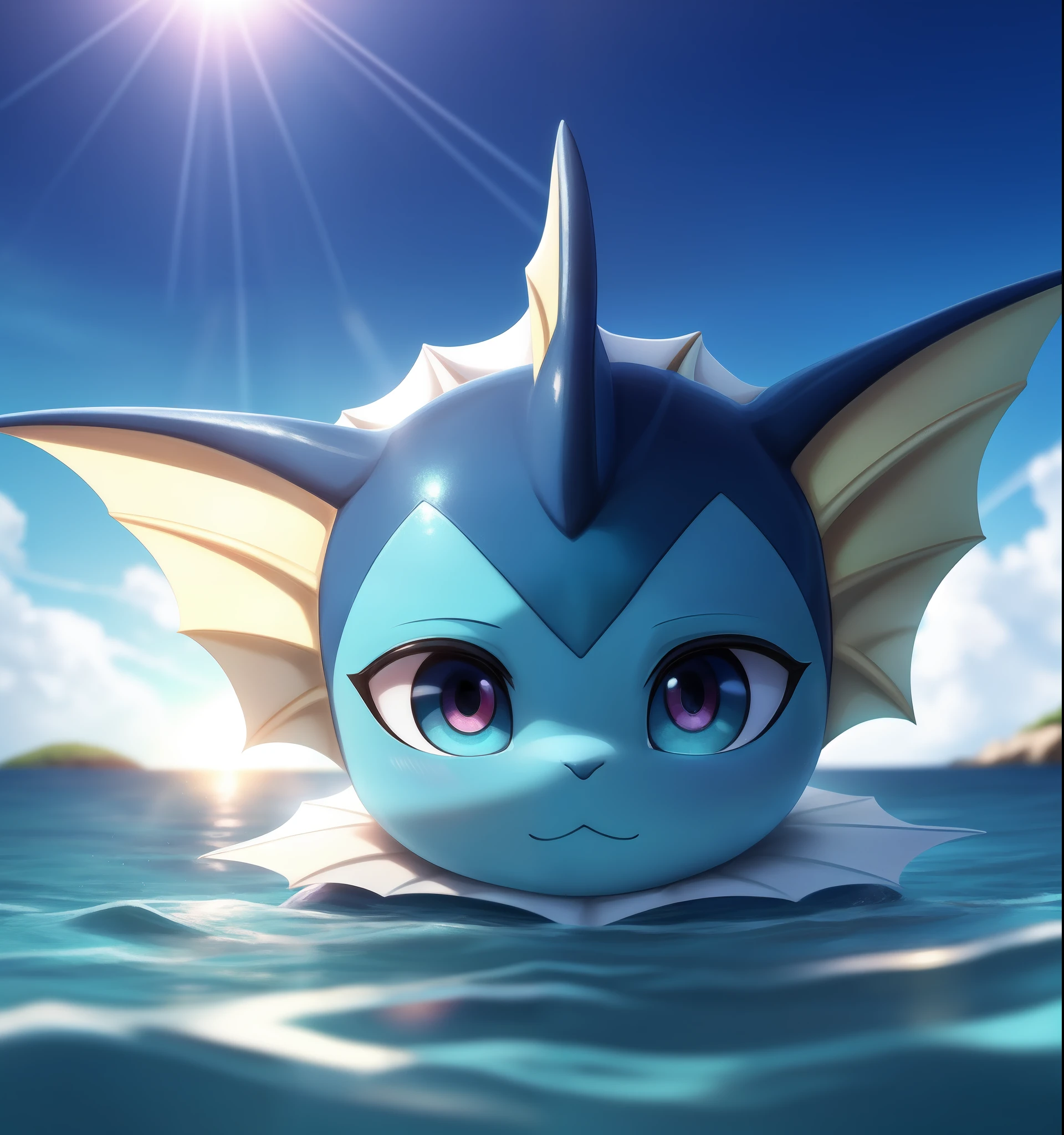 ((a Vaporeon pokemon)), (water attribute) , small and cute, (gradient eye colors), (bright and clear eye) ,play in the ocean ,anime style, depth of field, cinematic lighting, god rays, ray tracing, reflection light, glowing light, from side, close-up, masterpiece, best quality, highres, super detail, anatomically correct, UHD, textured skin