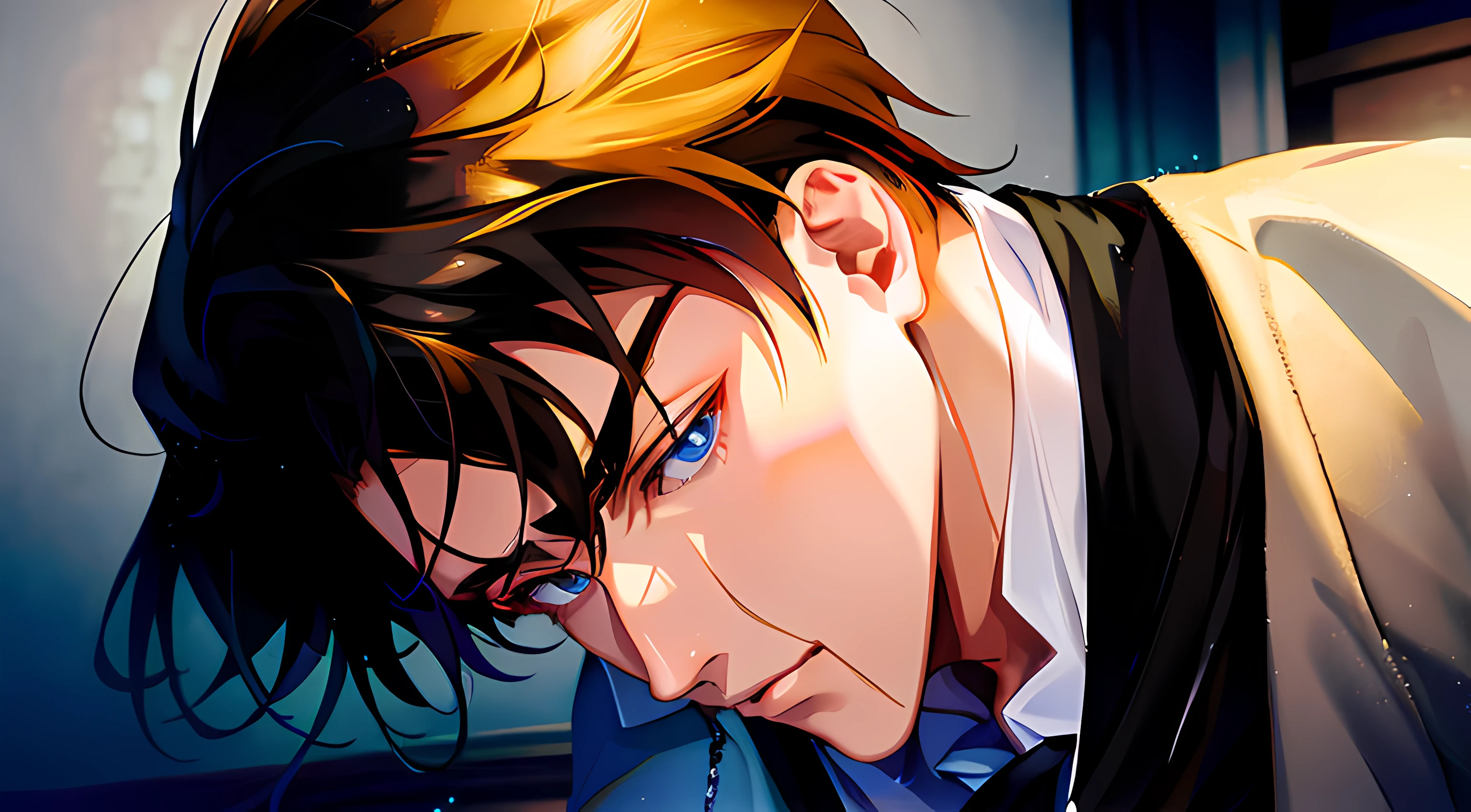 cara anime com cabelo preto e olhando para baixo para algo, homem bonito anime, Nice anime pose, Retrato anime de um homem bonito, cara bonito na arte demon slayer, Olhos bonitos do anime, Beautiful androgynous prince, tou, Edward, ; Visual novel, retrato impressionante do rosto do anime, Digital anime illustration, cara de anime alto com olhos azuis, estilo anime masculino