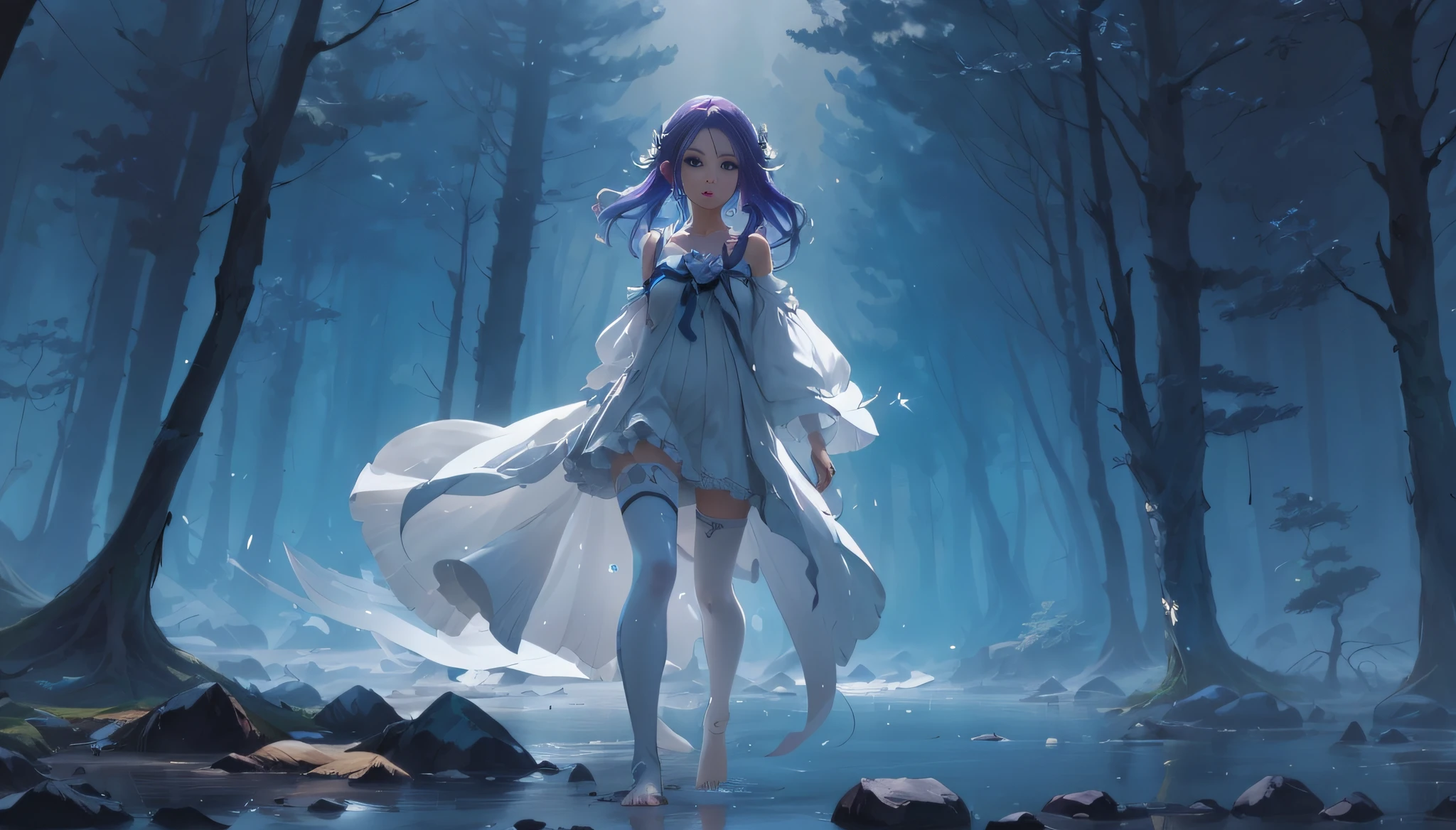 Anime girl walking through the forest in white dress, Anime girl walking on water,league of legends character art, League of Legends concept art,league of legends splashart, League of Legends character, league of legends art, from league of legends, Riot game concept art, league of legends style art, league of legends splashart, league of legends champion,Full length of colorful hair(1.9),Color gradient for long hair,Messy hair,Barefoot,Full body like,realisticlying,realskin,realcumAI,white skinned,whitethighhighs,Top image quality,Extreme light and shadow,White panty hose,High details,Standing painting,lines of movement,dynamicposes,komono,PC Wallpapers,Two-thirds of the canvas generates the body,move chart,extreme light,fog atmosphere,
