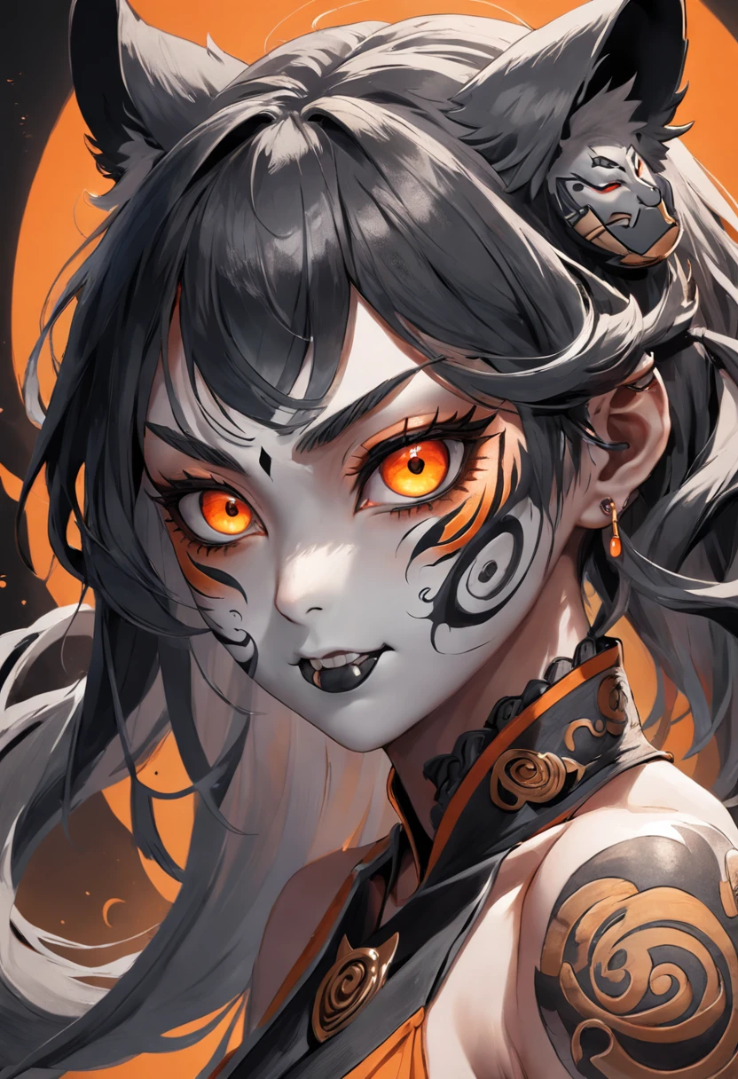 there is a woman with orange eyes and a black hair, portrait of demon girl, painted in the style arcane, dark fantasy style art, rossdraws 1. 0, :: rossdraws, inspired by rossdraws, beautiful necromancer girl, rossdraws 2. 0, rossdraws 2. 5, wlop rossdraws, portrait of a young witch girl
