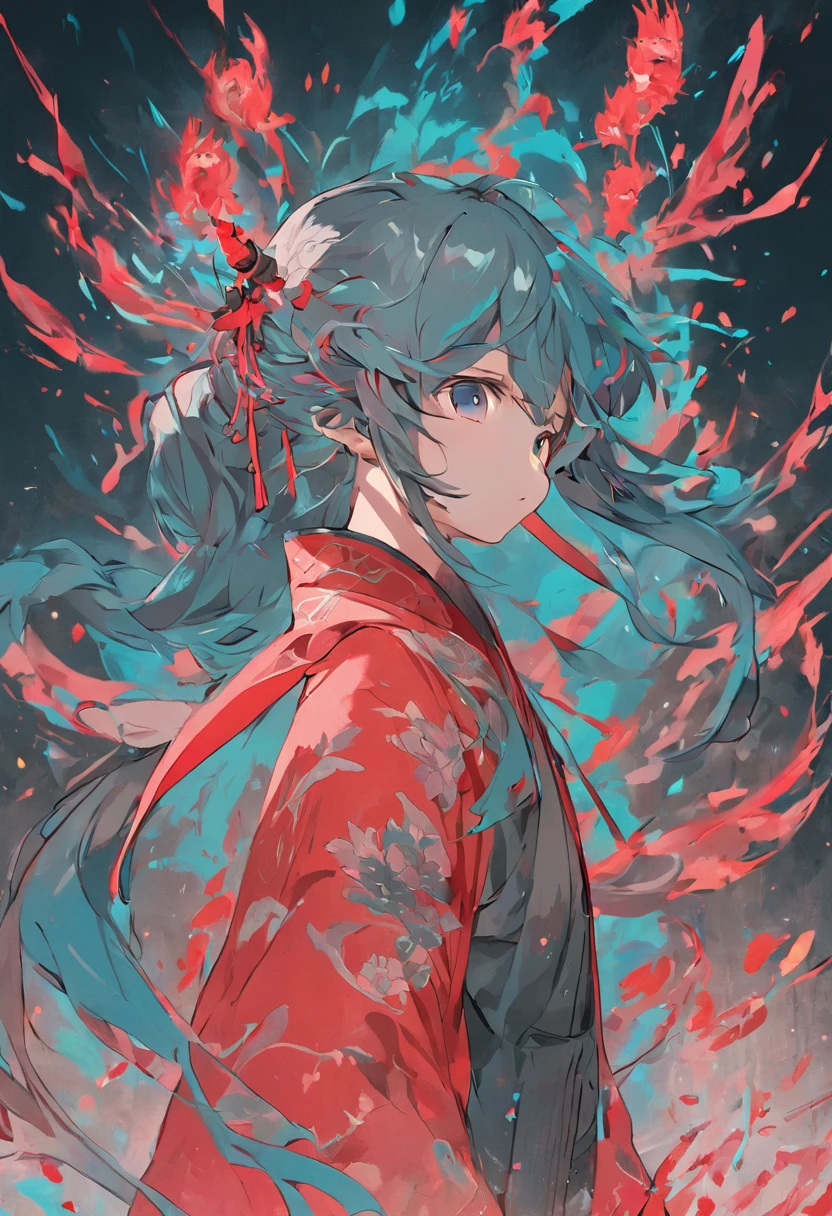 A anime man, long hair of turquoise hair color, mechas in the hair with red crimson color, crimson eye pupil, 
red earrings, with kimono clothe of black and white color, left eye closed, scar splitting on the diagonally of the face , serious expression, pale skin, freckles in the face, a burning house with snow ambient mist around in the scenery, a katana in your hand, blood in hurted face, blood around.