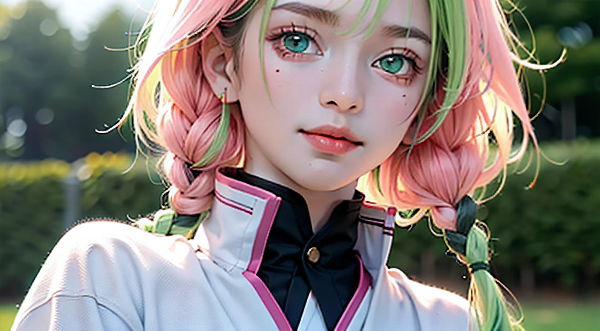 ultra realistic 8k cg, Masterpiece, ((Ultra detailed backgrounds, Delicate pattern, intricately details)), (Highly detailed, Fine details), Best quality, 1girll, (Photorealistic:1.4),Beautiful lighting, hoang lap, RAW photo, filmgrain, 1girll, 独奏, Smile, longer sleeves, looking a viewer, Japanese clothes, Large breasts, High school uniform, green thighhighs, zettai ryouiki, (two tone color hair, Pink hair, Green hair), Green eyes,haori,White coat,Witch costumes,