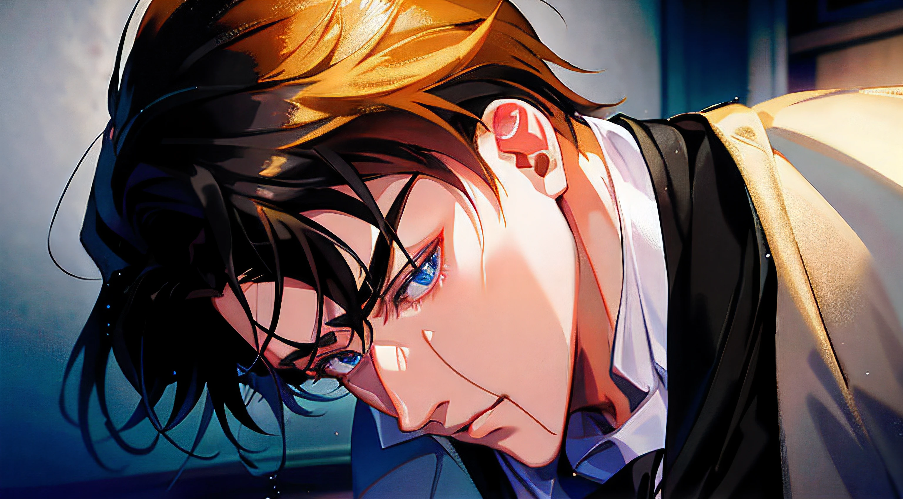 cara anime com cabelo preto e olhando para baixo para algo, homem bonito anime, Nice anime pose, Retrato anime de um homem bonito, cara bonito na arte demon slayer, Olhos bonitos do anime, Beautiful androgynous prince, tou, Edward, ; Visual novel, retrato impressionante do rosto do anime, Digital anime illustration, cara de anime alto com olhos azuis, estilo anime masculino