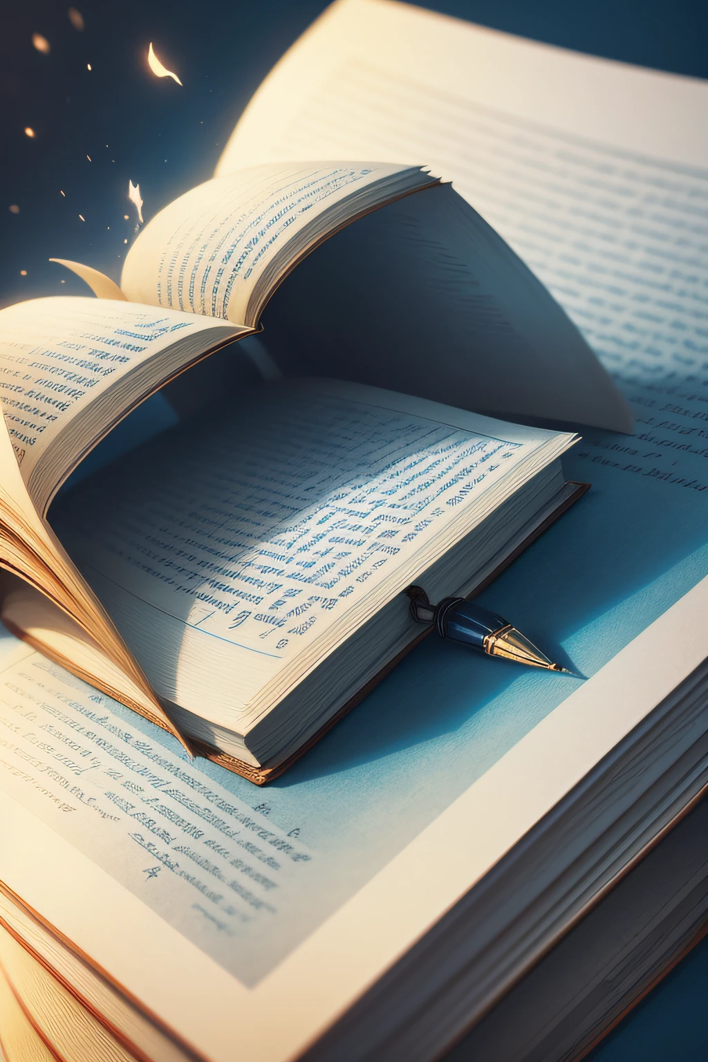 Beautiful illustrations:1.2)Hyper-realistic,A poster,Pen book blue background，Elegant details，Worn paper texture，Delicate pen strokes, details, book textures, warm lighting illuminating the falling dust on the pages(classic vibes:1.1)(The smell of books:1.3),(vintagestyle:1.2)