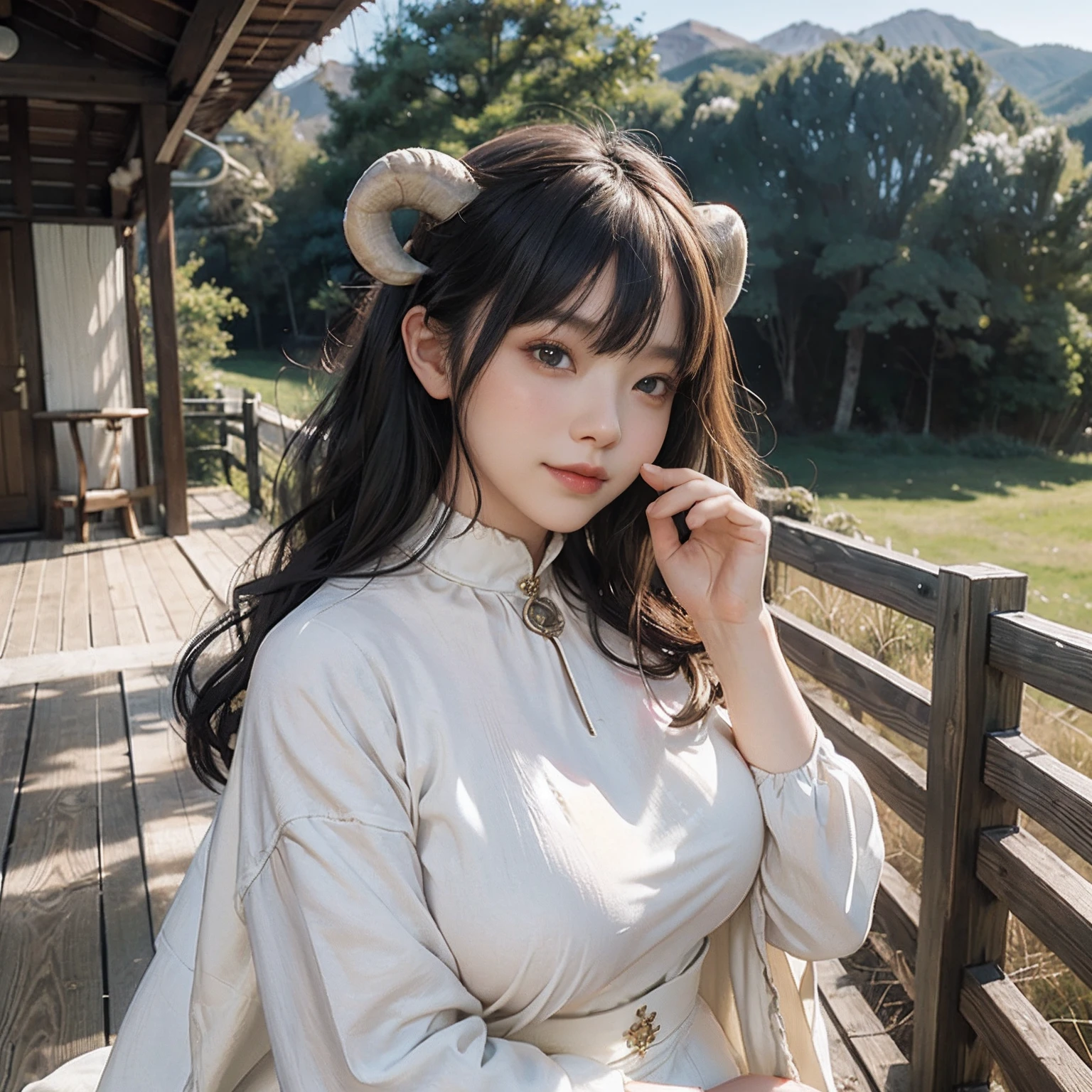 Women in Their 20s、 Fantasia、offcial art, unity 8k wall paper, ultra-detailliert, beautifly、Aesthetic, ​masterpiece, top-quality, Photorealsitic、Big eyes、Sheep Woman、Sheep's ears、Milky horned sheep horns、Giant Spiral Horn:1.5、Collar with bell:2.0、Mokomoko Dress、Generative Fabric、Milky cotton clothes、depth of fields, Fantastic atmosphere, Calm palette, tranquil mood, Soft shading、bbw、very large breast、plump figure、Ranch on the mountain、wooden fence、Green Tree々、Flock of sheep:1.6、Happy smile、Petting sheep