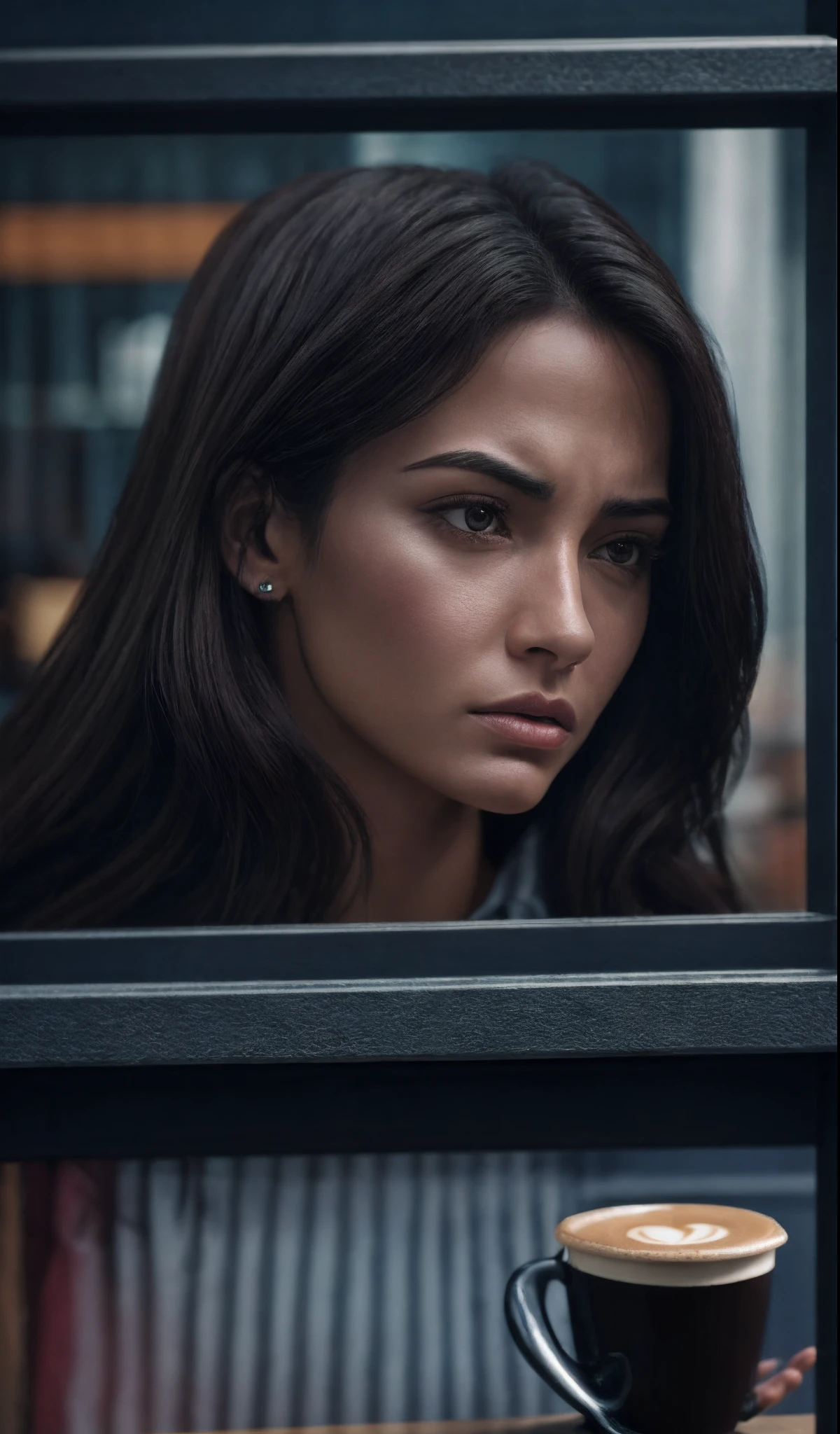 Hyper-realistic 32k image of a beautiful brunette woman, indignant, disgusted with the issue of racism in a coffee shop. --auto --s2