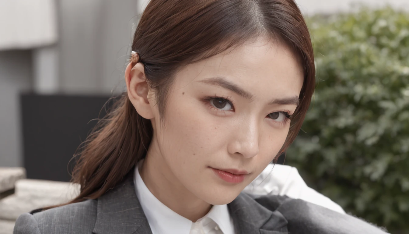 28-year-old distinctively Japanese woman, facing forward, in a Prada suit, enjoying tea on a business office terrace cafe, hair in a neat ponytail, minimal yet elegant makeup, basking in sunlight, photorealistic, 8k