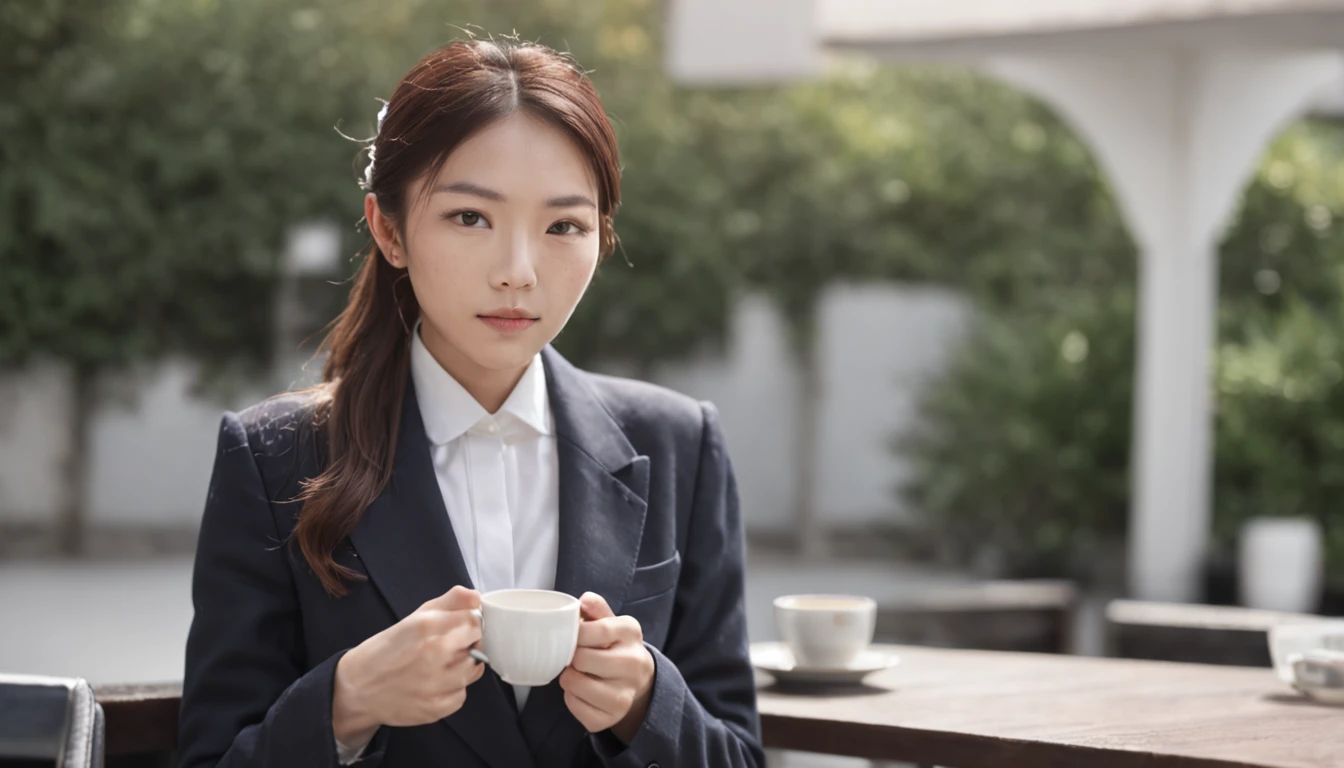 28-year-old distinctively Japanese woman, facing forward, in a Prada suit, enjoying tea on a business office terrace cafe, hair in a neat ponytail, minimal yet elegant makeup, basking in sunlight, photorealistic, 8k