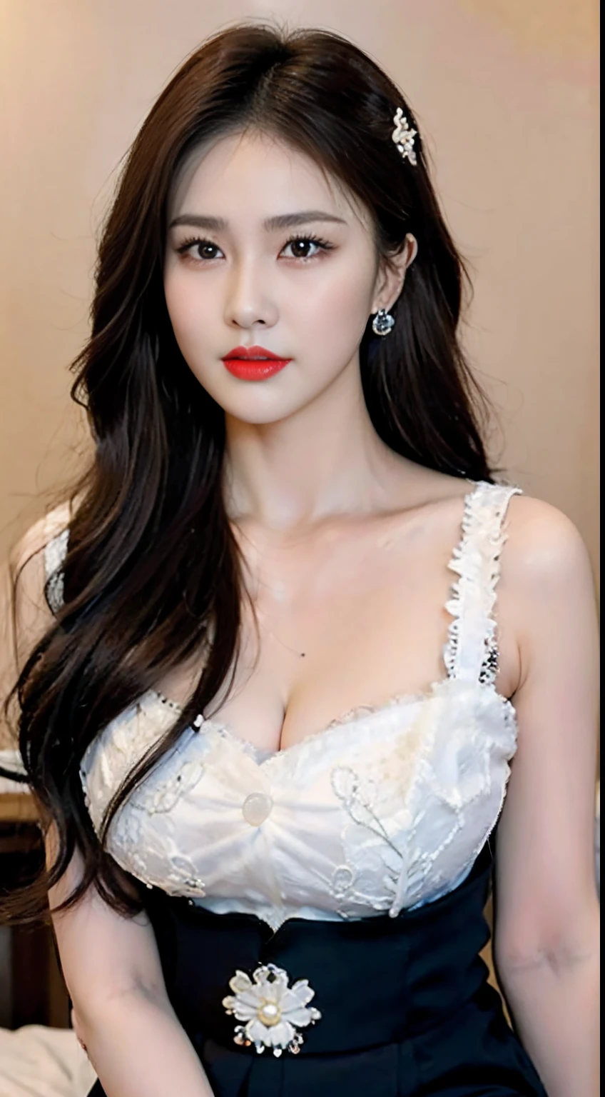 One girl, long wavy black hair, black eyes, flower on hair, big breasts, pale skin, bangs, soft makeup, silky white short dress, outside, detailed dress, earrings and necklace