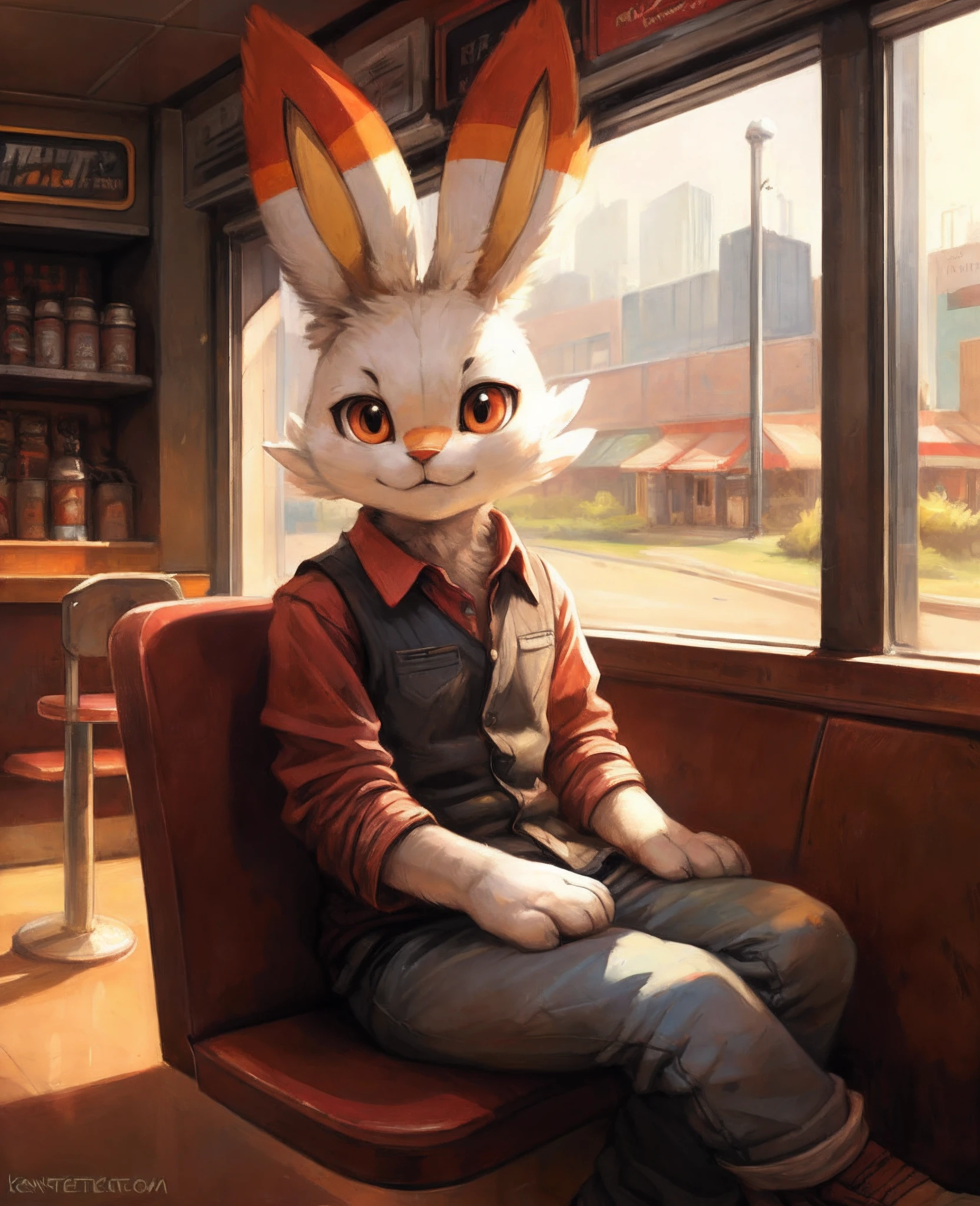 this image depicts a scorbunny wearing a casual outfit sitting in a diner, anthro, clothing, full-length portrait, looking at viewer, solo,
inside, detailed background, by kenket, by darkgem, by plattyneko,
extremely detailed, detailed shading, volumetric lighting, natural light, FujiFilm XT3