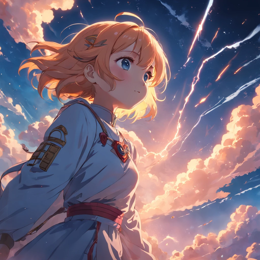 masterpiece, best quality, movie still, 1girl, cloud girl, floating in the sky, close-up, bright, happy, warm soft lighting, sunset, (sparks:0.7)