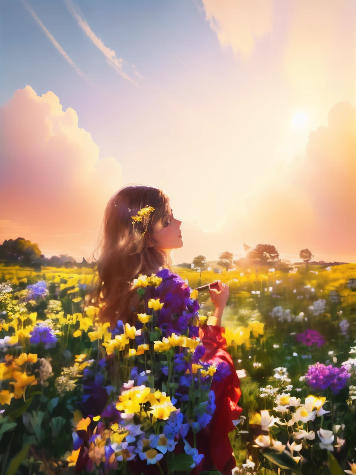 arafed woman in a field of flowers looking at the sky, standing in flower field, standing in a flower field, in a field of flowers, girl in a flower field, woman standing in flower field, sitting in a field of flowers, an aesthetic field of flowers, girl in flowers, girl standing in a flower field, girl standing in flower field