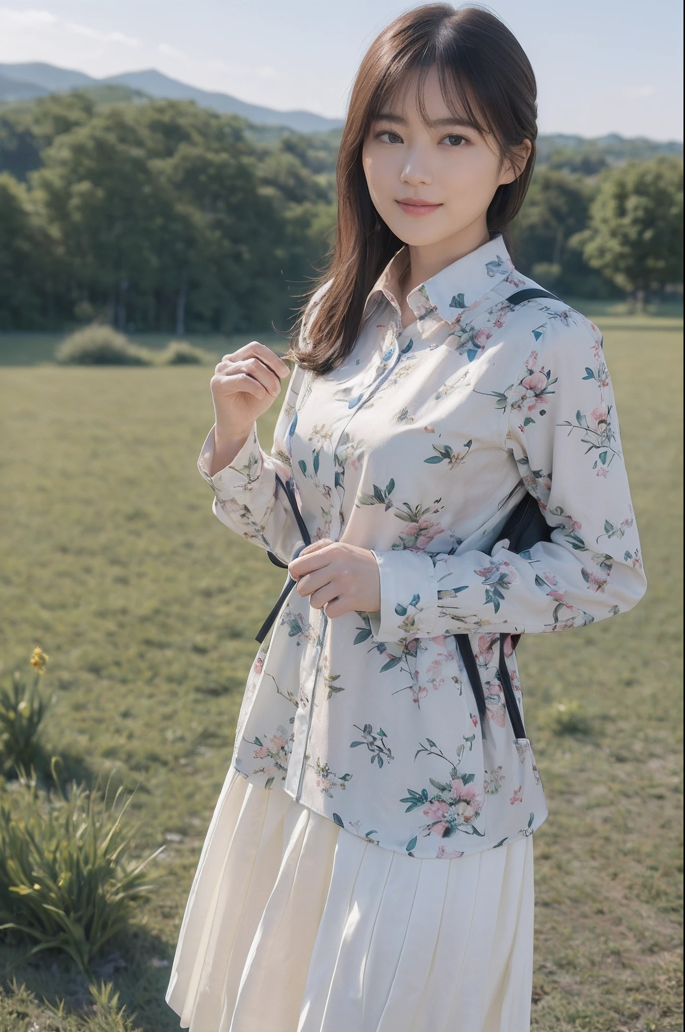 (8K、top-quality、​masterpiece:1.2)、(realisitic、Photorealsitic:1.37)、ultra-detailliert、((Beautuful Women))、((JINS))、((Long sleeve shirt with floral pattern))、hiking、((breast))、((black-short-hair))、plateau、((A slight smil))、grass field、((Walking))、((Carrying a rucksack))