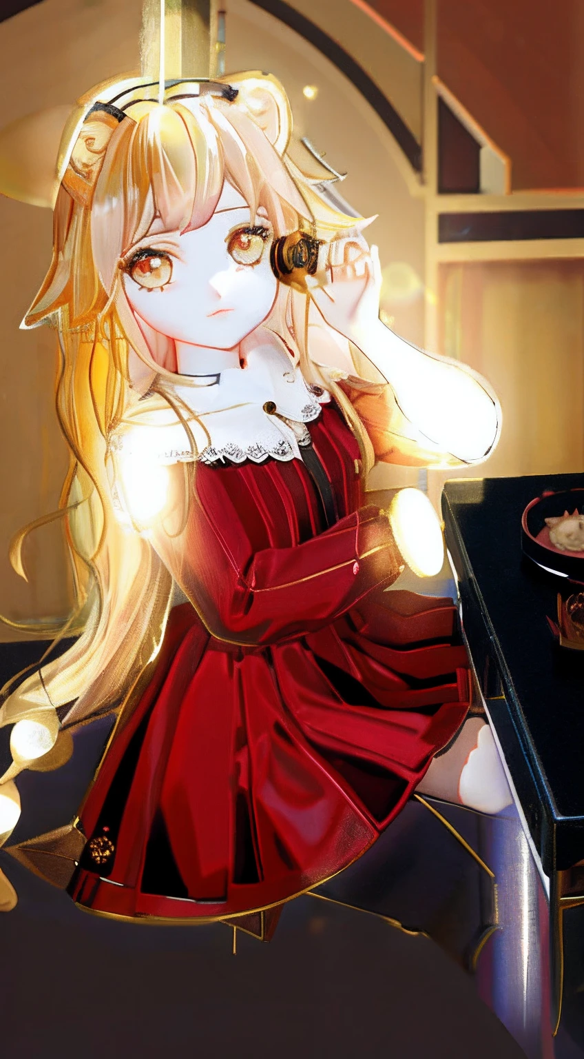Golden hair，lion ears，ta prostitute，Pink dress，Beth，desks，chair，Mooncake in one hand，The other hand holds the table，Mooncakes pale yellow，