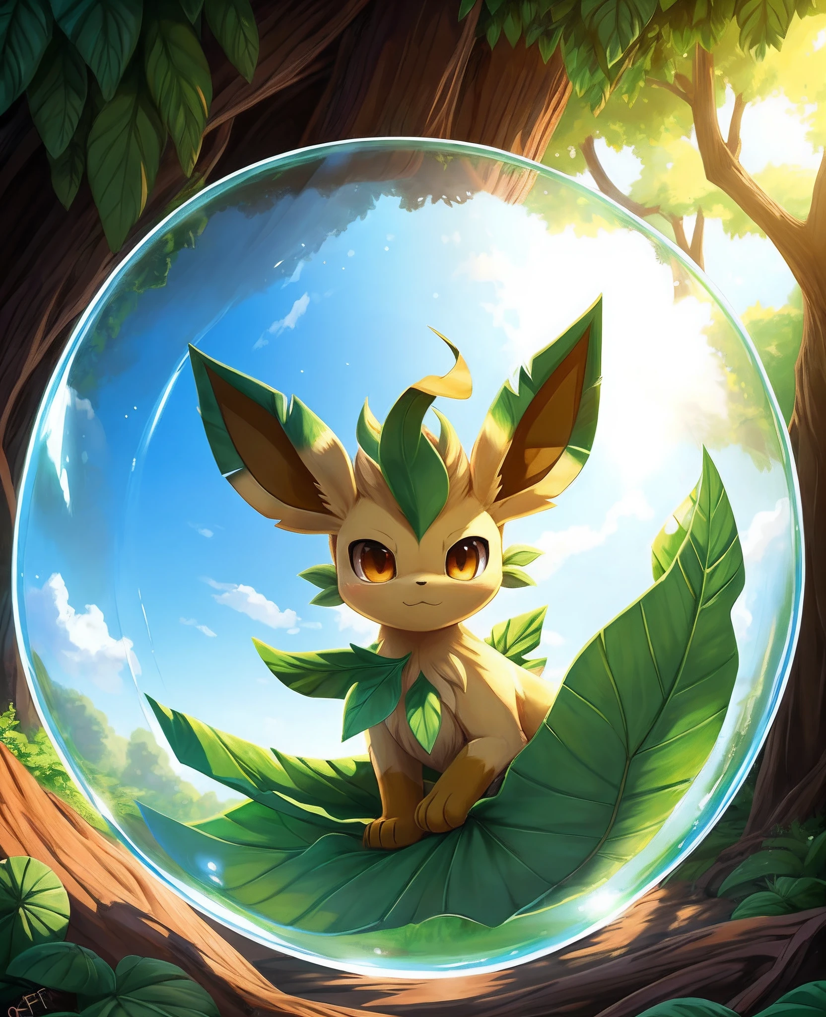 this image depicts a feral (leafeon) floating in the air in a (bubble), looking at viewer, paws, solo, 

nature, detailed background, by plattyneko, by fuf, 

extremely detailed, detailed shading, volumetric lighting, natural light, FujiFilm XT3