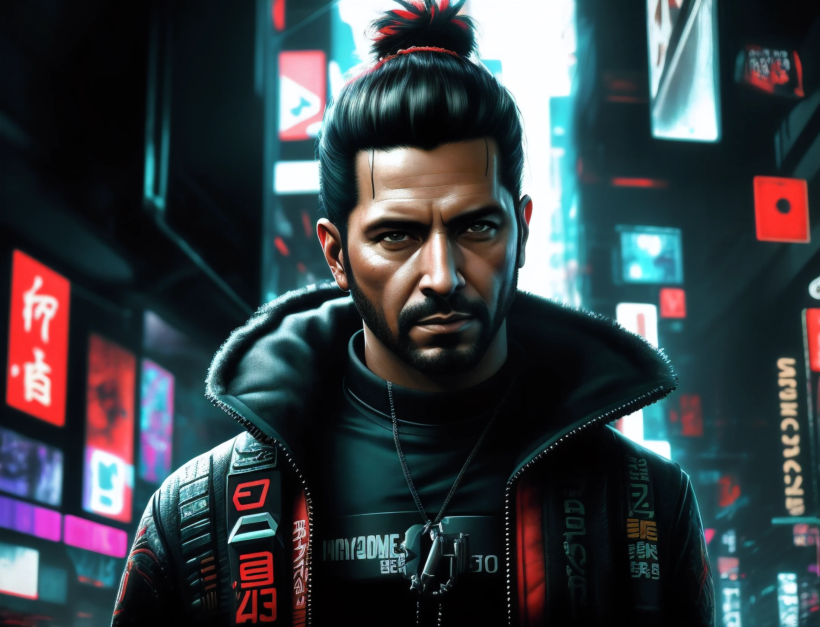 Arafed imagem de um homem com um sci - fiorer em seu peito, Arte digital detalhada em 4k, Arte digital altamente detalhada em 4k, Retrato de Adam Jensen, Epic portrait illustration, Retrato de um homem cyberpunk, pintura digital futurista, estilo pintura digital, Arte Digital 4K, 8k hd papel de parede arte digital, fan art, Retrato de um samurai cyberpunk