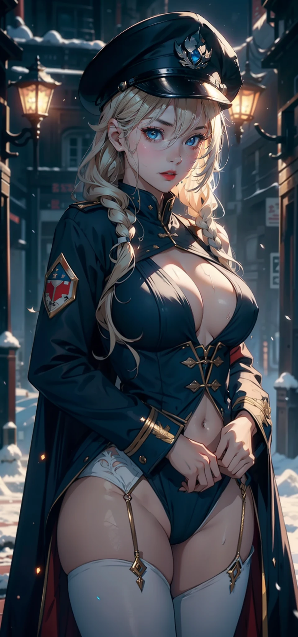1womanl,33yo,熟妇,Bigchest,Raised sexy,Pornographic exposure, 独奏,Beauty contests,standing on your feet(Background with:the sea,snow mountains,warships,at winter season,Blizzarding,Big snowflakes)On warships, She has long blonde hair,Long hair flutters in the wind,Redlip,dynamicposes,Sweat profusely,drenched all over the body,seen from the front, hair straight, mostly cloudy sky,(((tmasterpiece),(Very detailed CG unity 8K wallpaper),best qualtiy,cinmatic lighting,detailed back ground,beatiful detailed eyes,Bright pupils,(Very fine and beautiful),(Beautiful and detailed eye description),Blue eyes,Redlip,ultra - detailed,tmasterpiece,)),facing at camera,(The upper part of the body),A high resolution,ultra - detailed),revealing breasts,Bare genitalia, Bulge,legs are open,sexyposture,Camel toes,Flushed complexion,Open-mouthed,frontage,American officers,Officer's cap,elementary student(Wearing:Black cloak,Down jacket White officer winter uniform,Sexy leggings,Armour,Gold wire embroidery,Snowflake decoration,Sci-fi futuristic style)