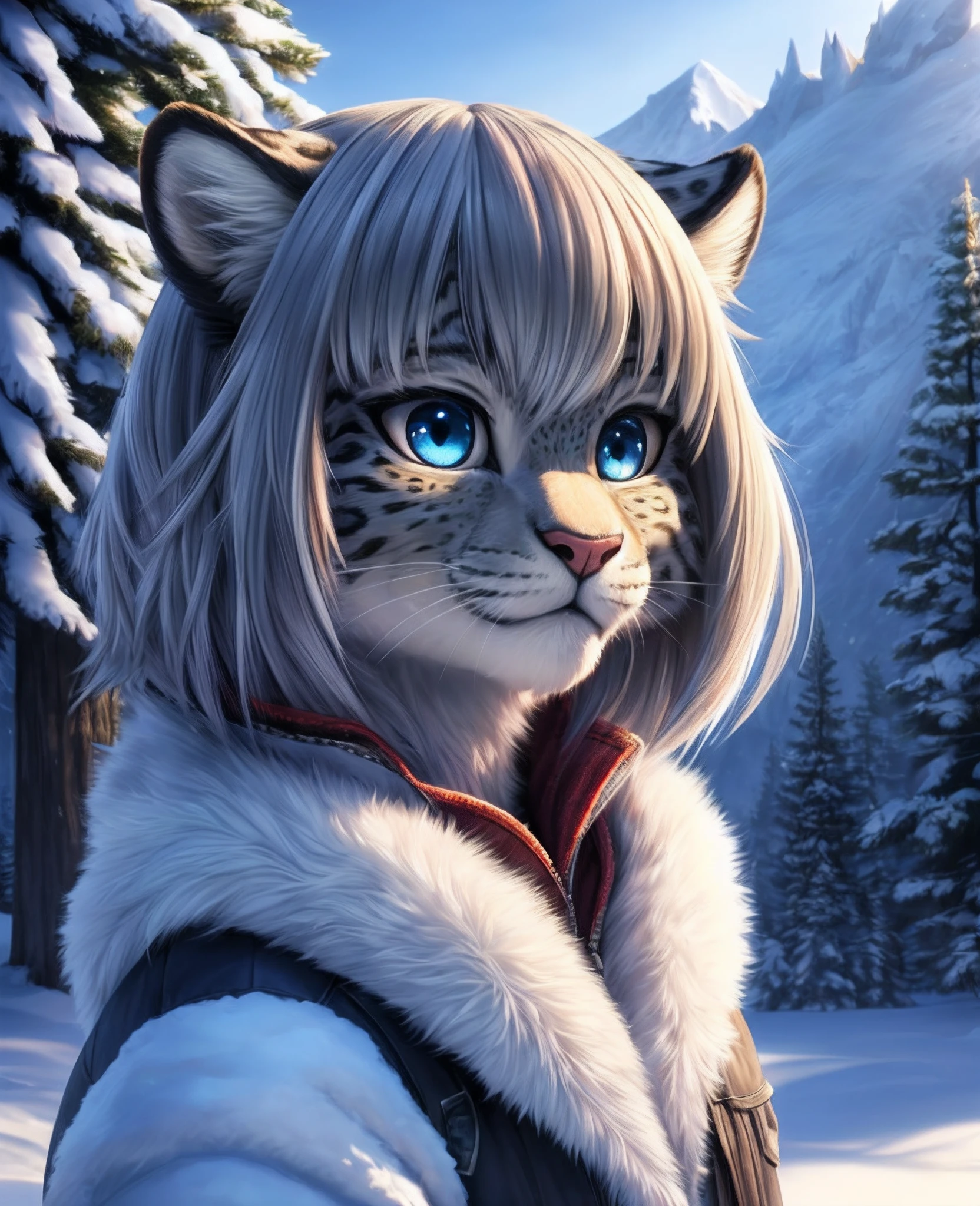 uploaded on e621, (kemono, anime anthro, anime furry), (female anthro snow leopard), young adult, gorgeous, photo model, ultra cute face, innocent face, playful, snout, soft and fluffy fur, (detailed fluffy fur texture:1.1), realistic fur, fur simulation, (hair, unique hairstyle, unique fringe, unique bangs:1), cute fang, snow, winter, winter jacket, (full-length portrait, standing), beautiful eyes, scenery, solo,
(best quality, high quality:1.4), detailed background, (HDR, volumetric lighting, beautiful shading, rtx:1.2), (CG, realistic anime illustration:1), (fantasy artstyle, trending on artstation:1.1), (pixar style, disney style, ultra detailed, realistic fur simulation, realistic art:1.2)