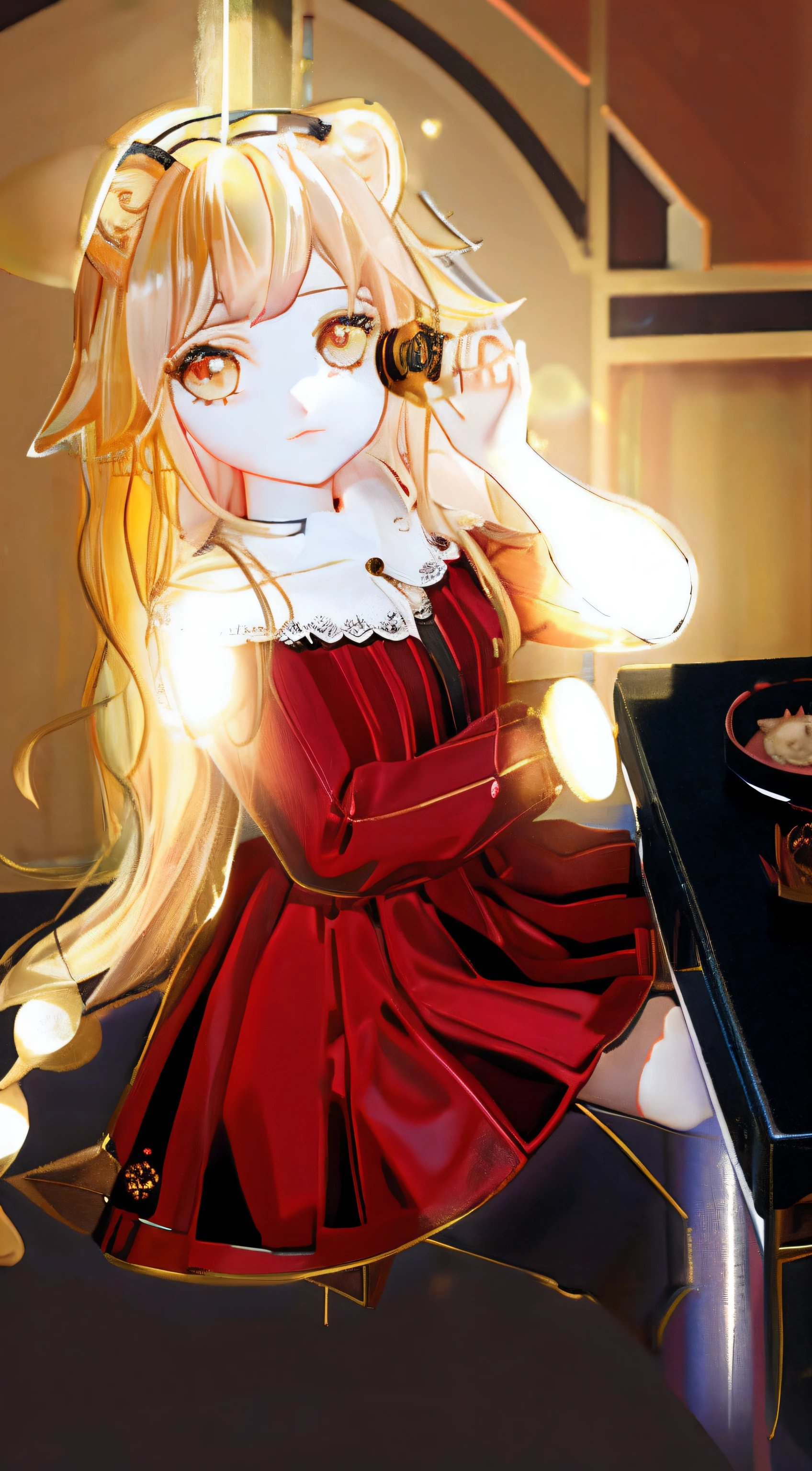 Golden hair，lion ears，Lolita prostitute，Pink dress，Beth，desks，chair，Mooncake in one hand，The other hand holds the table，Mooncakes pale yellow，