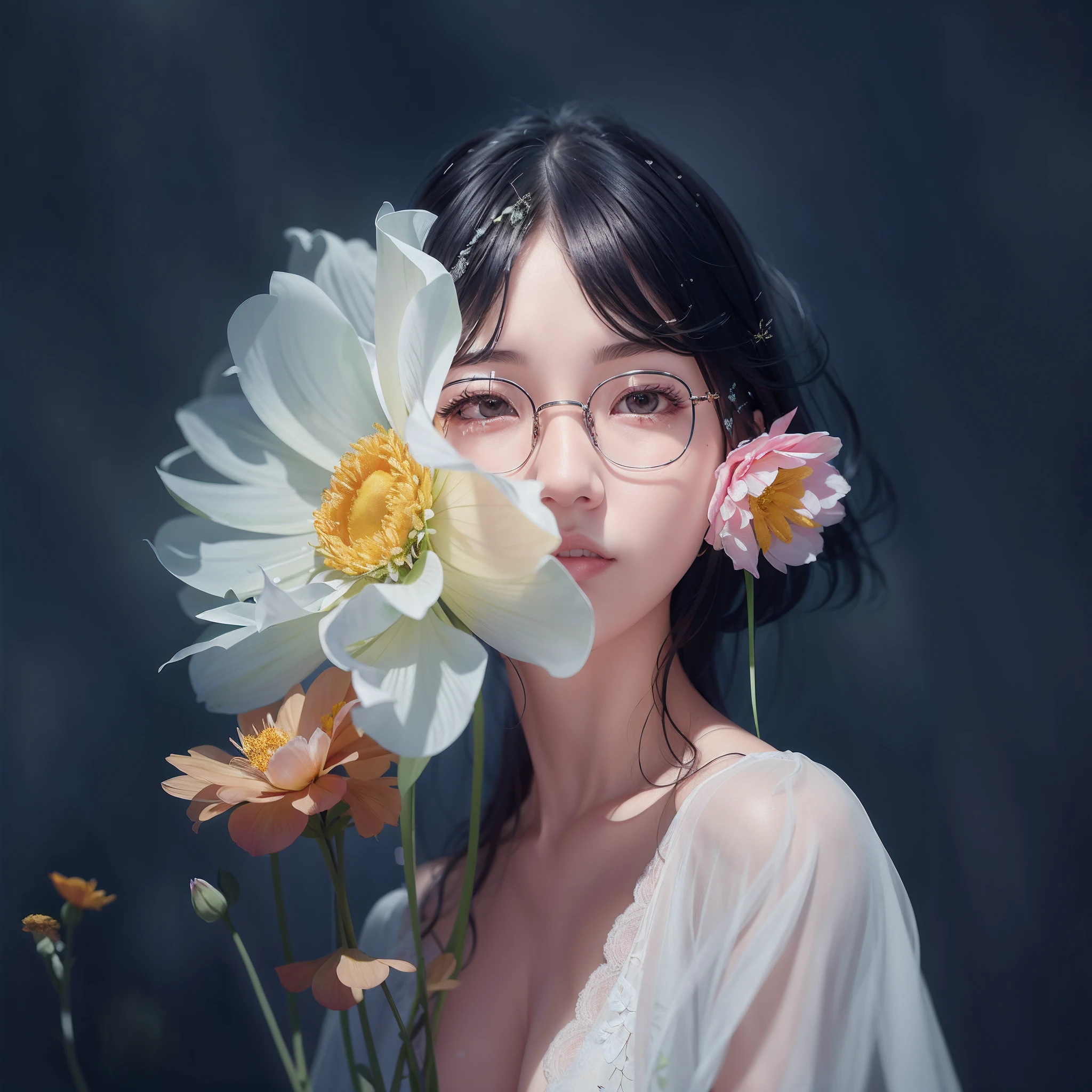 There was a woman with glasses holding a flower in front of her, inspired by Yanjun Cheng, author：Golden Farmer, girl with a flower face, author：Yu Zheding, Zhang Jingna, with frozen flowers around her, author：Chen Tingfo, author：Xia Yong, By Li Song, girl with a flower head, author：Yan Liben