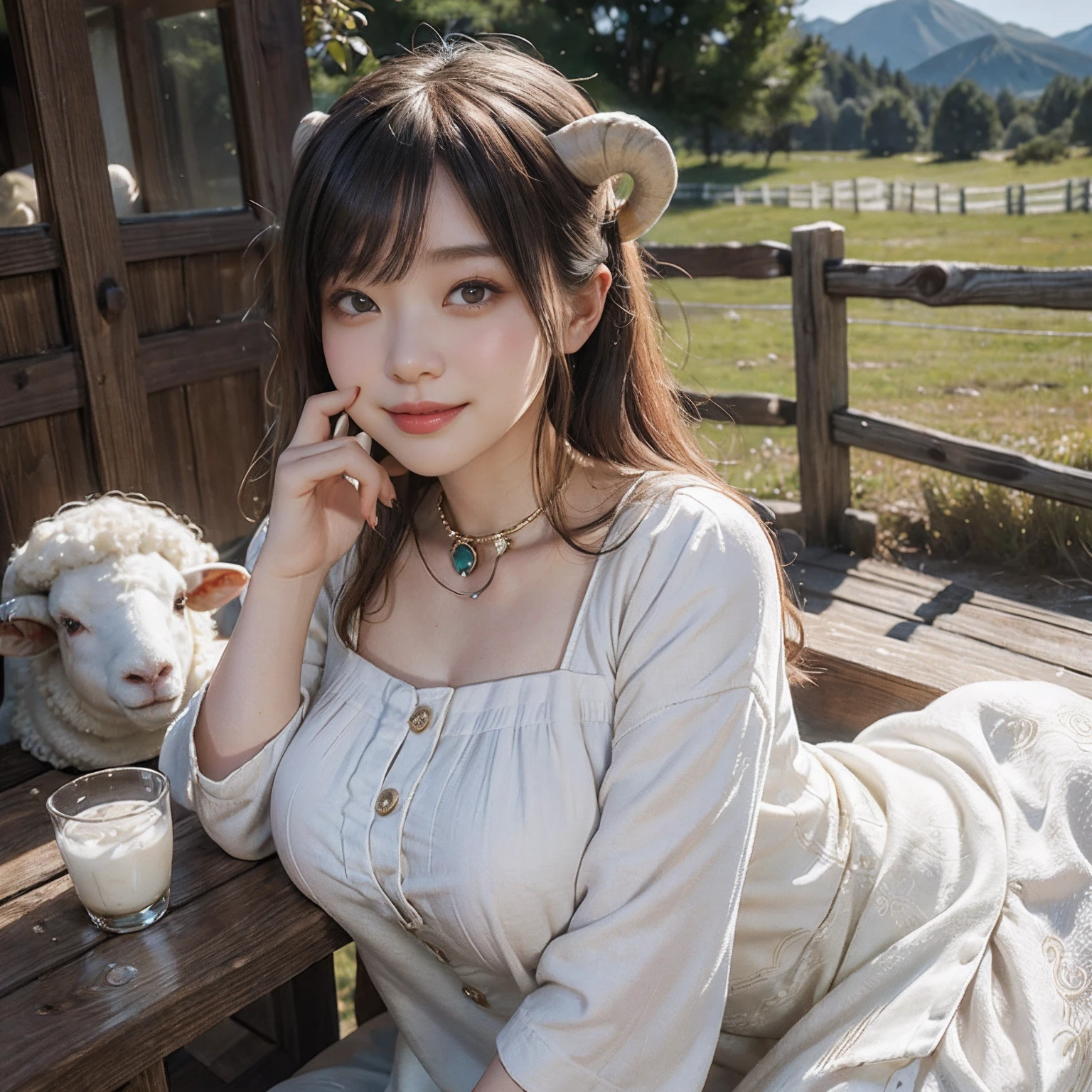 Women in Their 20s、 Fantasia、offcial art, unity 8k wall paper, ultra-detailliert, beautifly、Aesthetic, ​masterpiece, top-quality, Photorealsitic、Big eyes、Sheep Woman、Sheep's ears、Milky horned sheep horns、Giant Spiral Horn:1.5、Collar with bell:2.0、Mokomoko Dress、Generative Fabric、Milky cotton clothes、depth of fields, Fantastic atmosphere, Calm palette, tranquil mood, Soft shading、bbw、very large breast、plump figure、Ranch on the mountain、wooden fence、Green Tree々、Flock of sheep:1.6、Happy smile、Petting sheep、Smile with small teeth visible