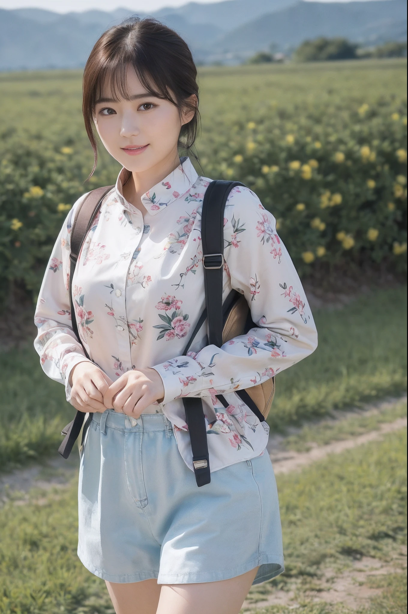 (8K、top-quality、​masterpiece:1.2)、(realisitic、Photorealsitic:1.37)、ultra-detailliert、((Beautuful Women))、((JINS))、((Long sleeve shirt with floral pattern))、hiking、((breast))、((black-short-hair))、plateau、((A slight smil))、grass field、((Walking))、((Carrying a rucksack))