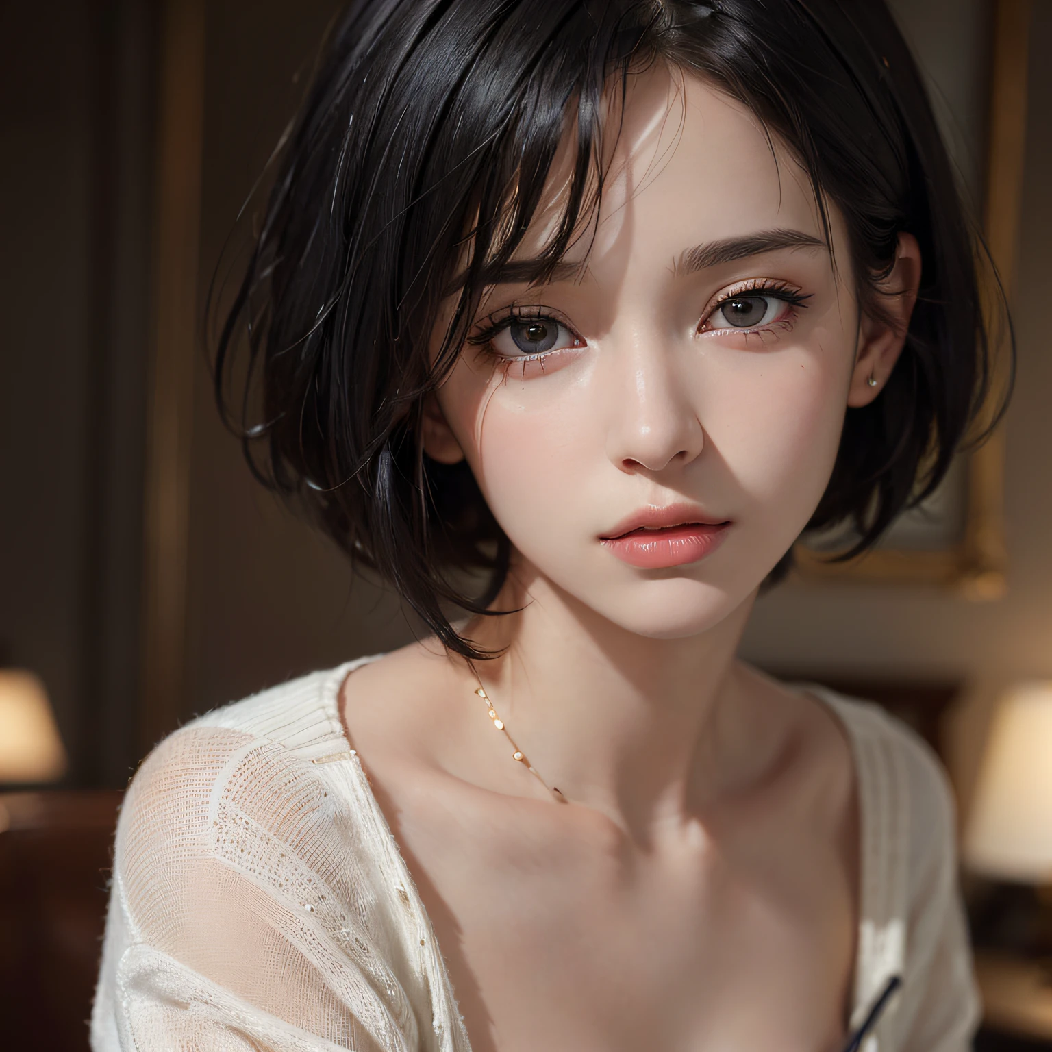 (masterpiece:1.3), (8k, photorealistic, RAW photo, best quality: 1.4), (1girl), beautiful face, (realistic face), (black hair, short hair:1.3), beautiful hairstyle, realistic eyes, beautiful detailed eyes, (realistic skin), beautiful skin, (sweater), absurdres, attractive, ultra high res, ultra realistic, highly detailed, golden ratio