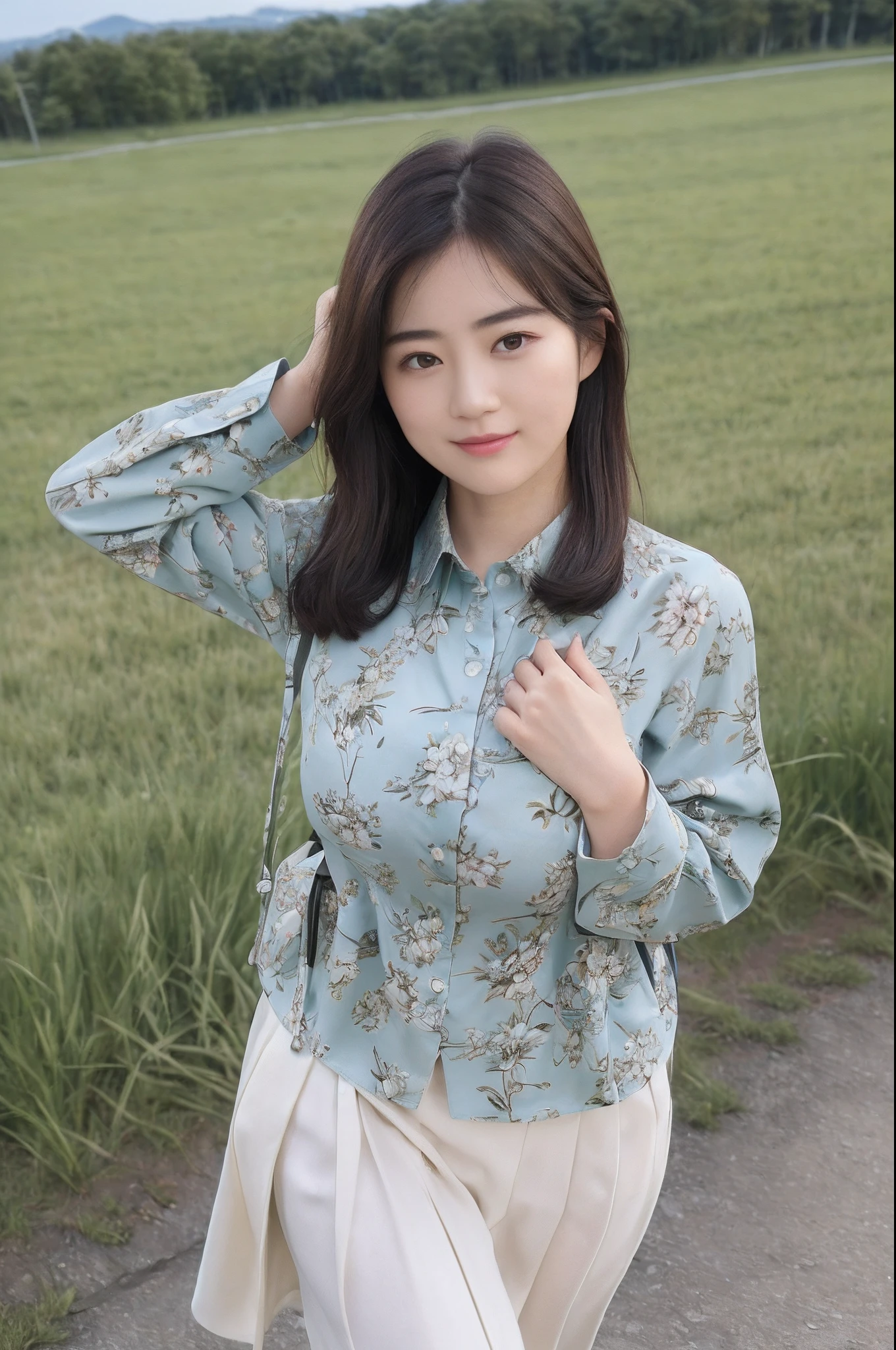 (8K、top-quality、​masterpiece:1.2)、(realisitic、Photorealsitic:1.37)、ultra-detailliert、((Beautuful Women))、((JINS))、((Long sleeve shirt with floral pattern))、hiking、((breast))、((black-short-hair))、plateau、((A slight smil))、grass field、((Walking))、((Carrying a rucksack))