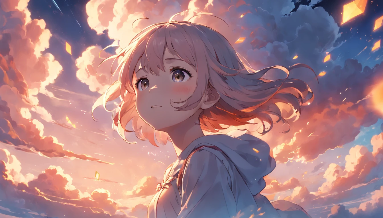 masterpiece, best quality, movie still, 1girl, cloud girl, floating in the sky, close-up, bright, happy, warm soft lighting, sunset, (sparks:0.7)