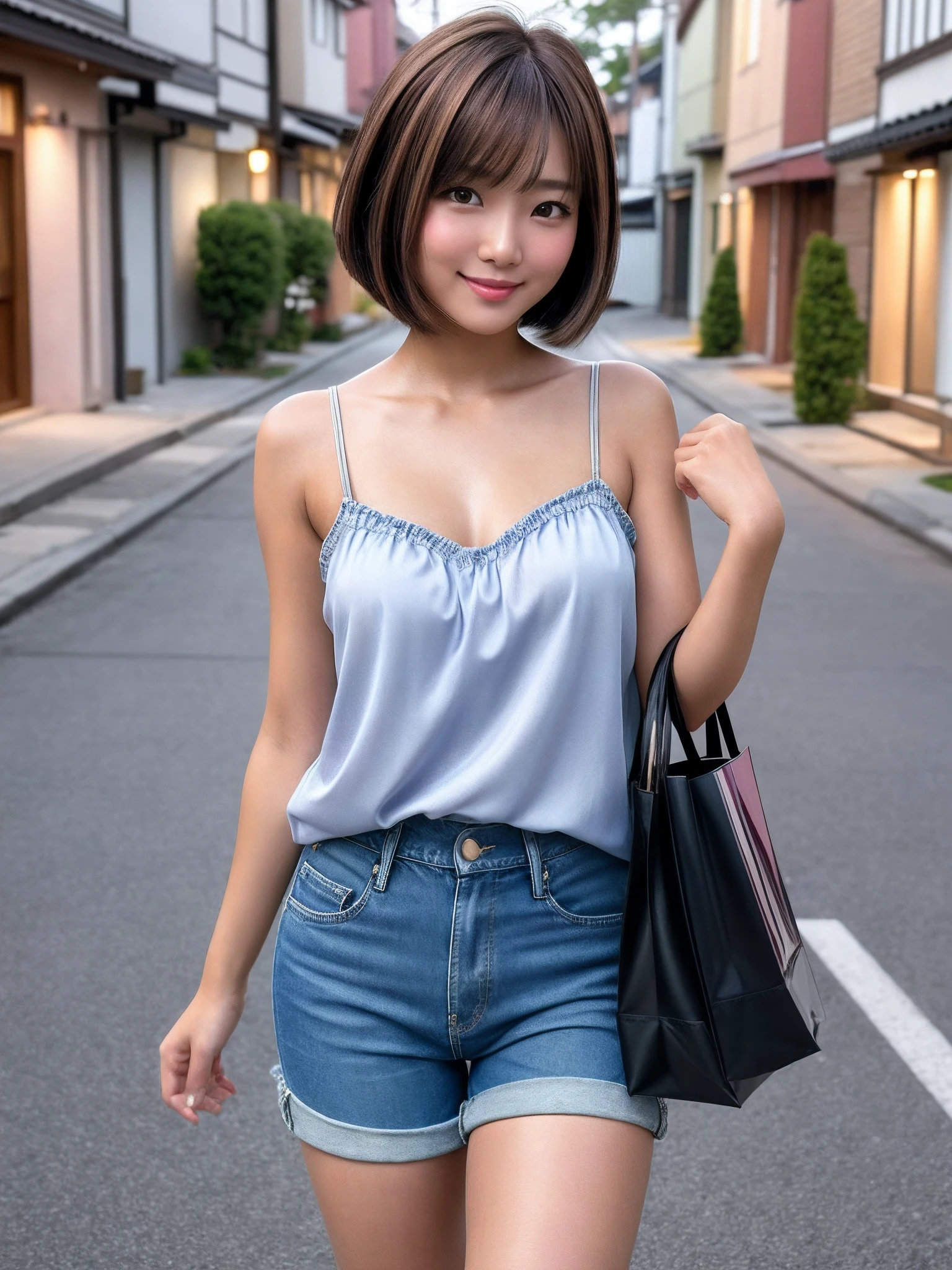 product quality, 1 girl, a cowboy shot, front view, a Japanese young pretty girl, bob hair, carrying a tote bag over her shoulder, glamorous figure, wearing a satin pink camisole, wearing short denim pants, walking on a silent street among luxury houses in the evening, with a big smile, hyper cute face, glossy lips, double eyelids for both eyes, natural makeup, shiny smooth light brown bob hair, asymmetrical bangs, tanned skin, central image, high resolution, high detailing, detailed hairstyle, detailed face, cinematic lighting, octane rendering, vibrant, hyper realisitic, perfect limbs, perfect anatomy