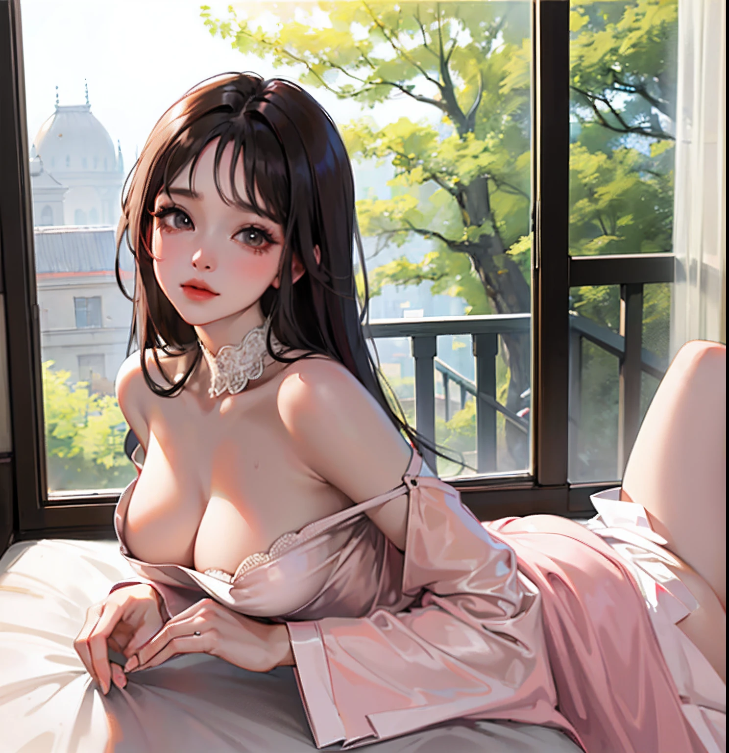 (Masterpiece:1.2, Best quality), (Real picture, Intricate details), (1lady, Solo, Upper body, Big) The clothes ar:Avant-garde,Avant-garde,Experiment with appearance:brunette color hair,Unconventional fashion choice behavior:rebelliousness、non-conformist、Provocation location:Photo of young Taiwanese girl in bedroom at night, She played with her breasts, sweat leggs, Sweaty body, (Transparent fabric:1.35)(baggy:1.5)Lace strapless dress, (((immensity)Sagging breasts)), (Naked of breast),((areola of breast)), (Korea(K-pop idols)), ((puffy eye)), deep shading, low tune, warm lights, Deep contrast, Bokeh, depth of fields, Angle below, low angles, (looking at viewert, Smiling softly), Photos inside the bedroom, neoism, background crowds, the person in the background, ((The upper part of the body)), ((Straight Photos)), exposure blend, Medium beat, Bokeh, (hdr:1.4), hight contrast, (cinematic ligh、pink and orange:0.85), (pastelcolor, soothing tones:1.3), low-saturation, (ultra - detailed:1.2), (NSFW:1.1),Erotic nudity