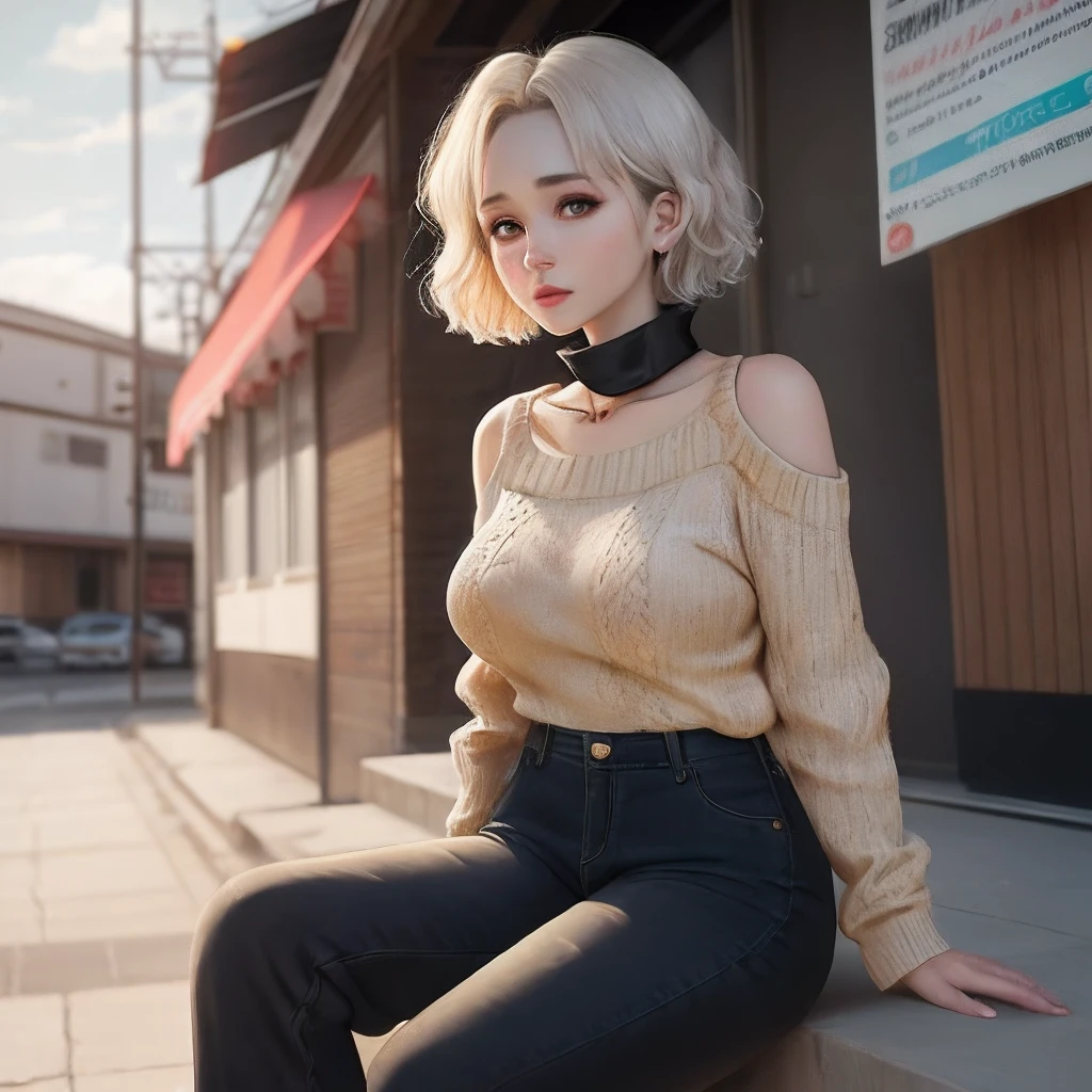 Mulher de 42 anos, 1,70 de altura, poucas curvas corporais, doesn't show much skin, short hair in harmonic style, olhos amarelos, [anime style], wears a SHEIN EZwear Occasional Single Pocket Black Women's Pants, a SHEIN Essnce Corrugated Knitted Sweater With Black High Collar, has dark circles