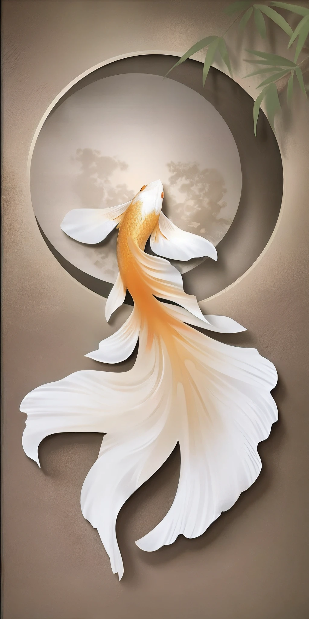 There is a fish with red eyes floating in the water,Big red eyes,The background is the moon, inspired by Ohara Koson, inspired by Koson Ohara, Inspired by Ma Yuan, Koi, moon light fish eye illustrator, Exquisite digital illustration, koi fishes, elegant digital painting, inspired by Nōami, inspired by Xie Sun, nacre painting, ornate and flowing