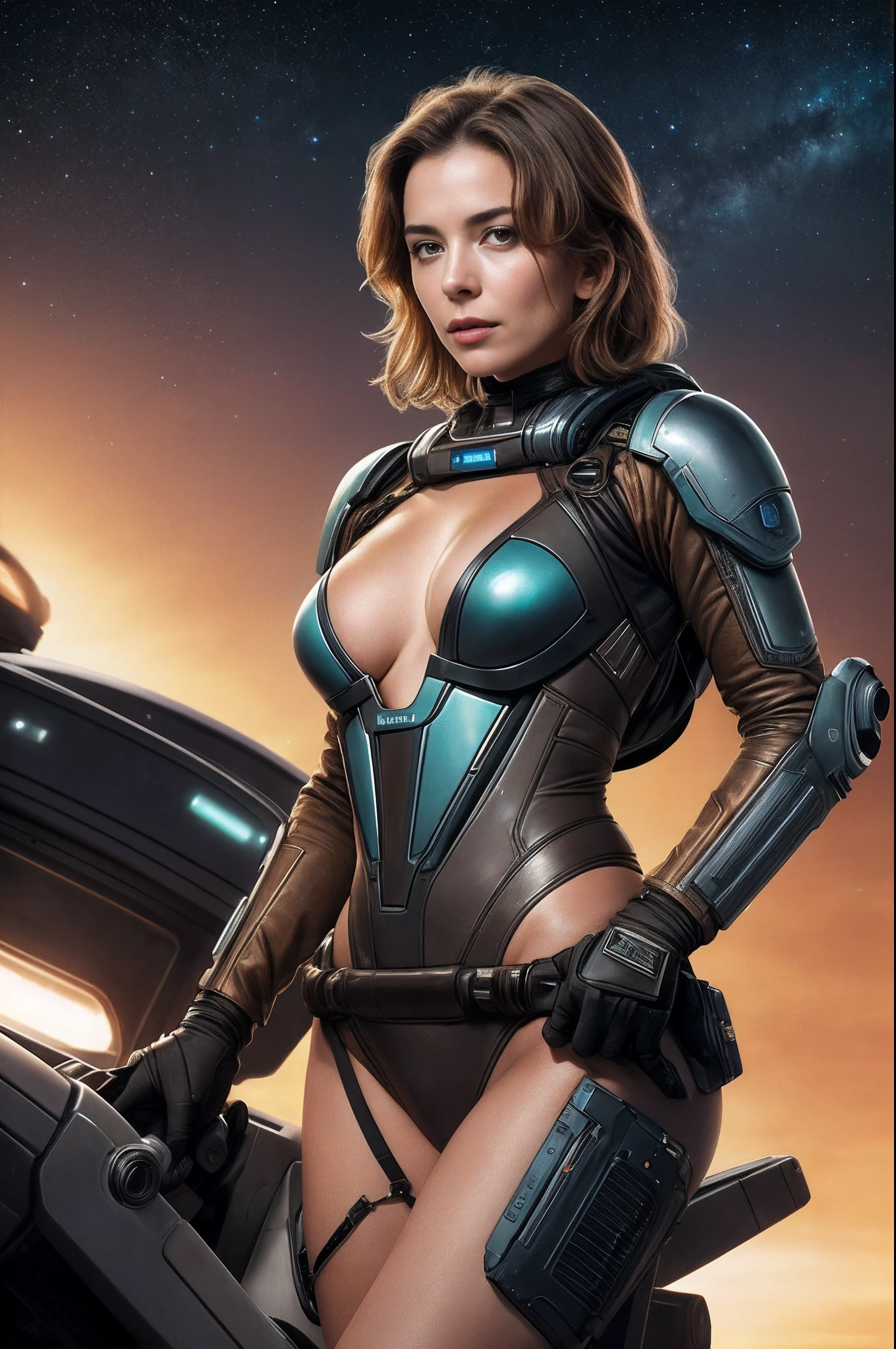 Masterpiece, a beautiful Swedish woman, ((Marilyn Monroe:Ingrid Bergman:0.5)), (scifi bounty hunter), (high cut plunging revealing scifi suit), (medium breasts), (perfect body), (short brown hair), scifi spaceship cockpit background, (skin texture:1.1), best quality, ultra high res, Raw photo, Nikon D850, backlight, rimlight, bright sunlight, film grain:1.2, (warm hue, warm tone:1.2), (color photo), scifi effects, in the style of Boris Vallejo, zero gravity