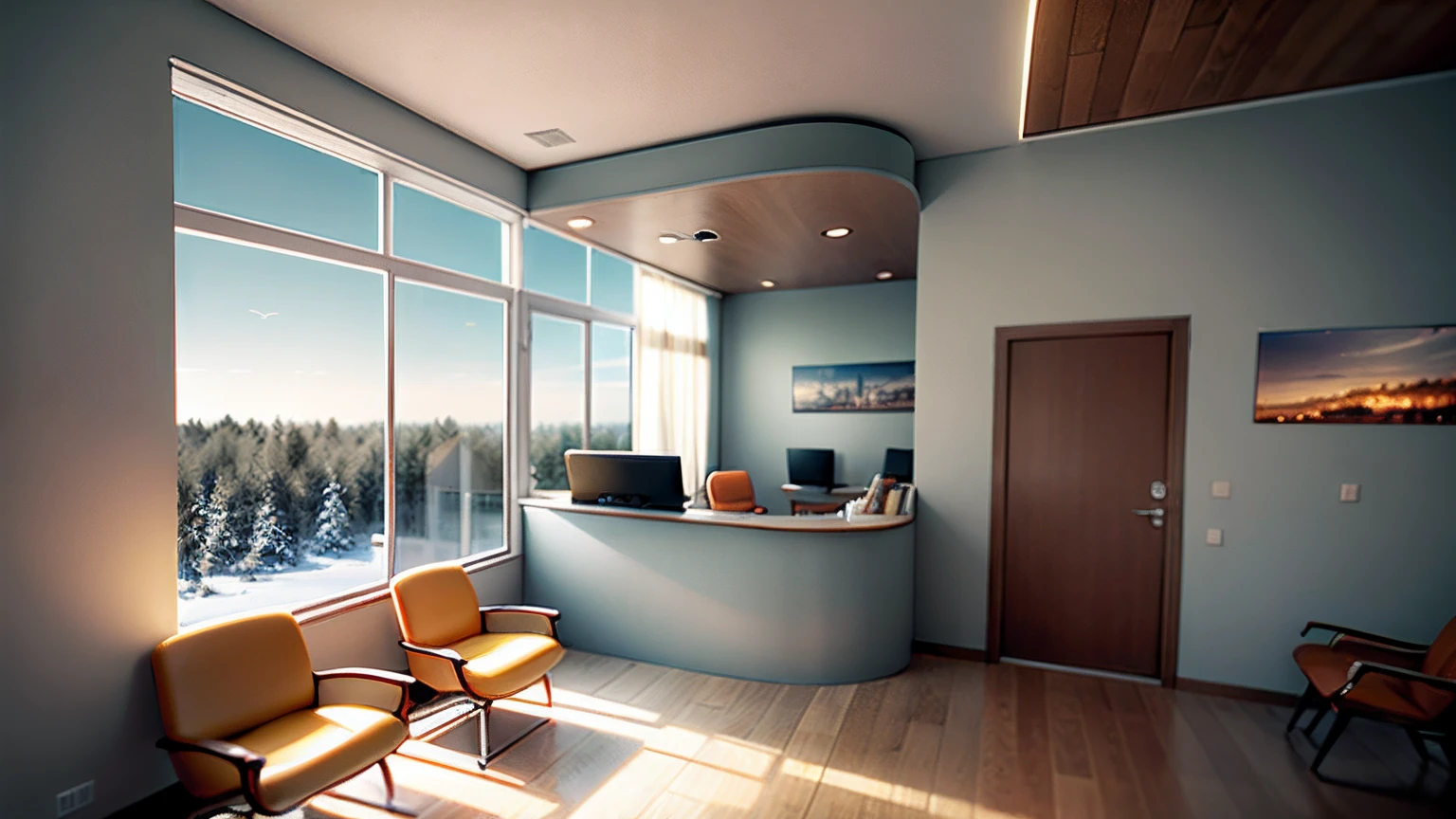 (best quality, masterpiece, ultra minute details) beautiful waiting room, white walls, bright morning light from left, comfy leather chairs, wood floor, wood door, vertical grain douglas fir,  highly detailed, photo-realistic, trees and parking lot outside window, extremely detailed, architectural photography