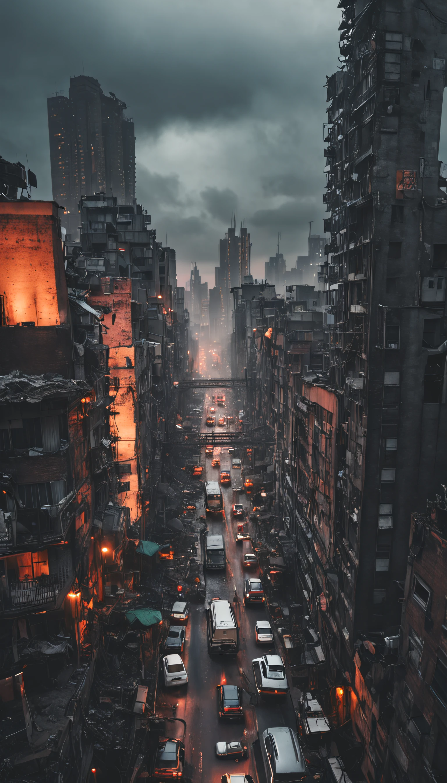 The view from a road, an apocalyptic city with Cyberpunk style.
